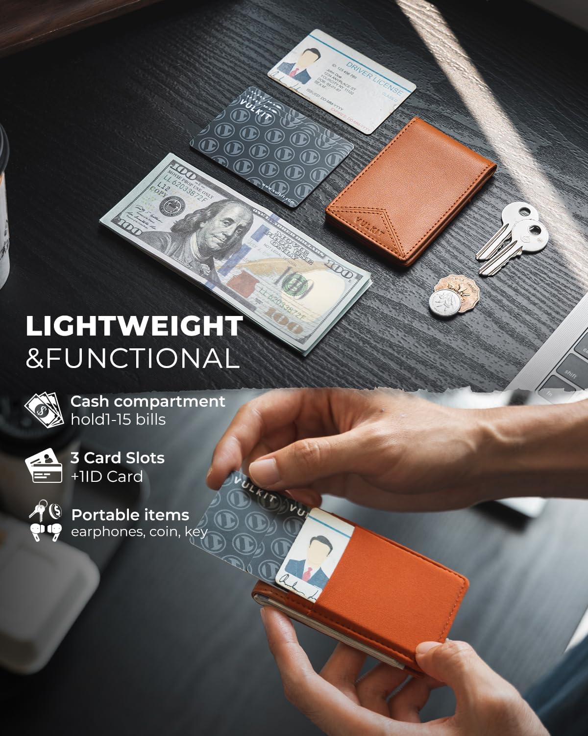 VULKIT Slim Money Clip Wallets - Thin FRID Credit Card Holder Minimalist Front Pocket Wallet for Men, Leather with Magnetic Money Clip, Holds Cash & Cards - Image 2