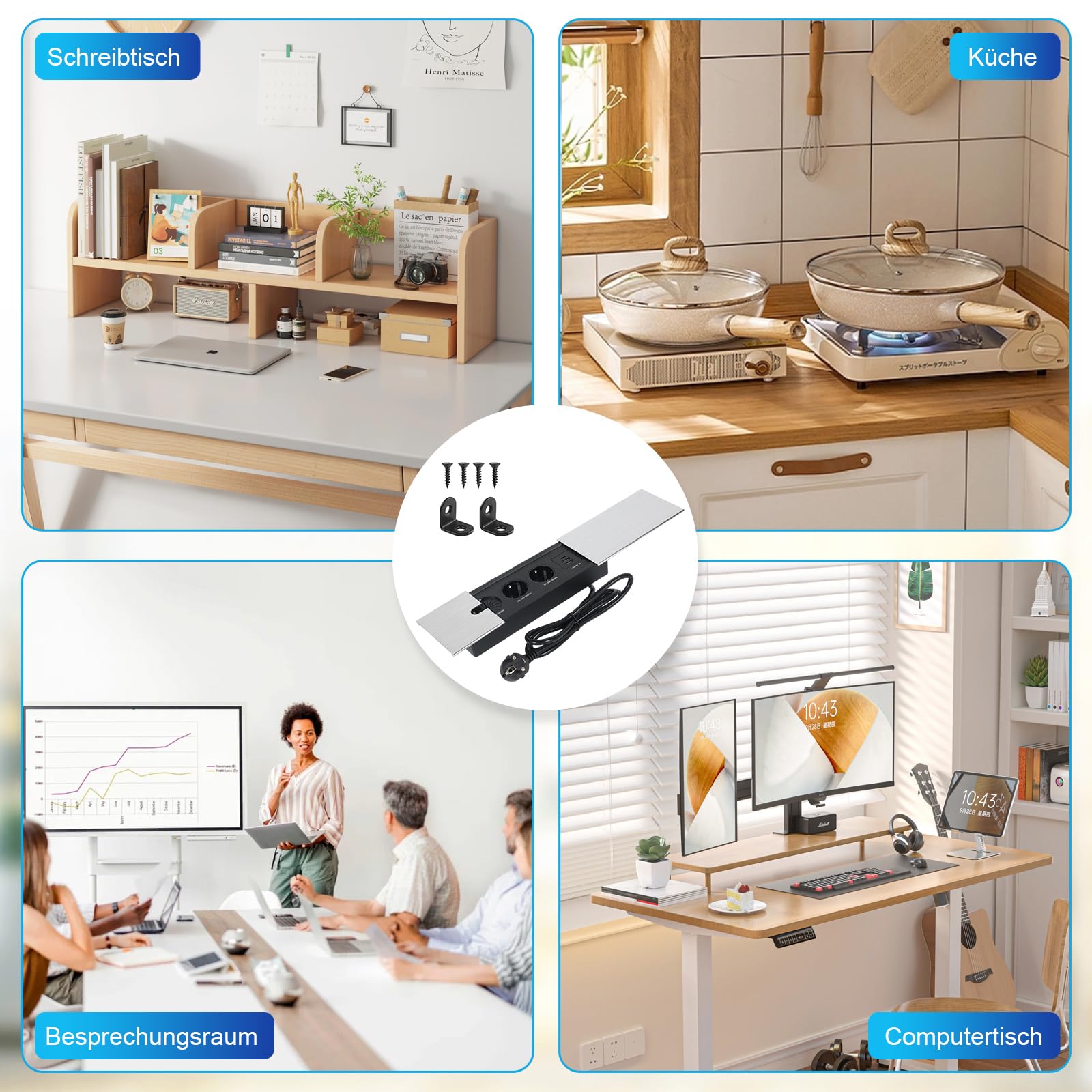 Ciabatta elettrica da incasso con coperchio scorrevole in metallo, presa a scomparsa 3 scomparti con 2 USB A e USB C, presa da tavolo a scomparsa per scrivania, cucina, ufficio (argento, 2)