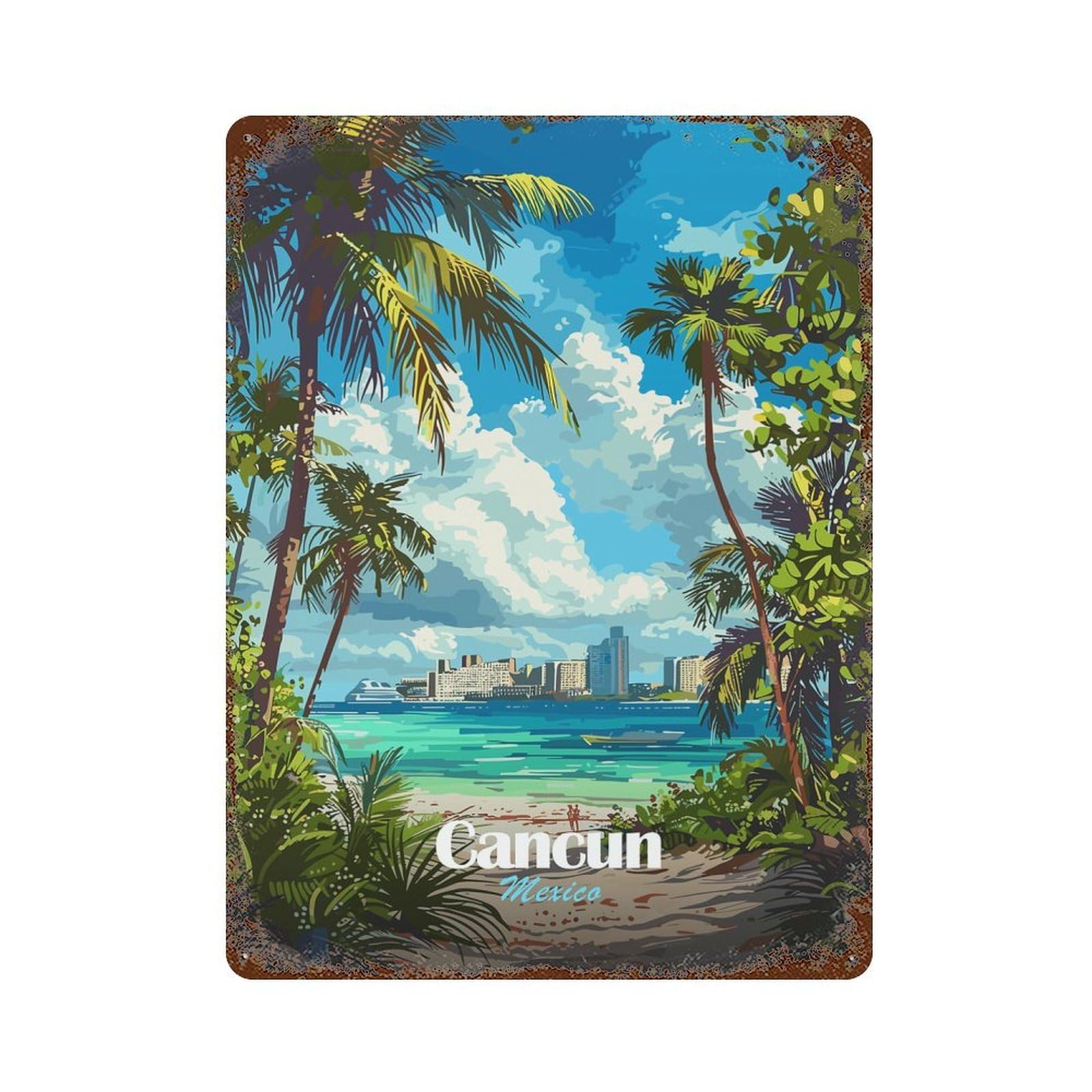 Cancun Mexico Tropical Beach Illustration Weathered Tin Sign 15.7"x11.8", Novelty Wall Decor for Garage, Pub Or Kitchen