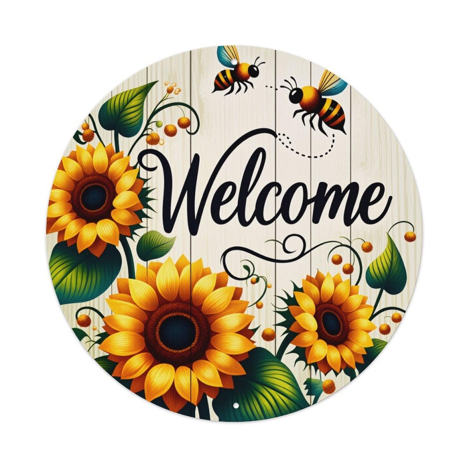 Sunflower Bees Welcome Sign Pattern Print Round Vintage Tin Sign,Retro Wall Art,Metal Poster for Home, Bar, Garage, Cafe, Rustic Indoor & Outdoor Decor, 8x8 Inches