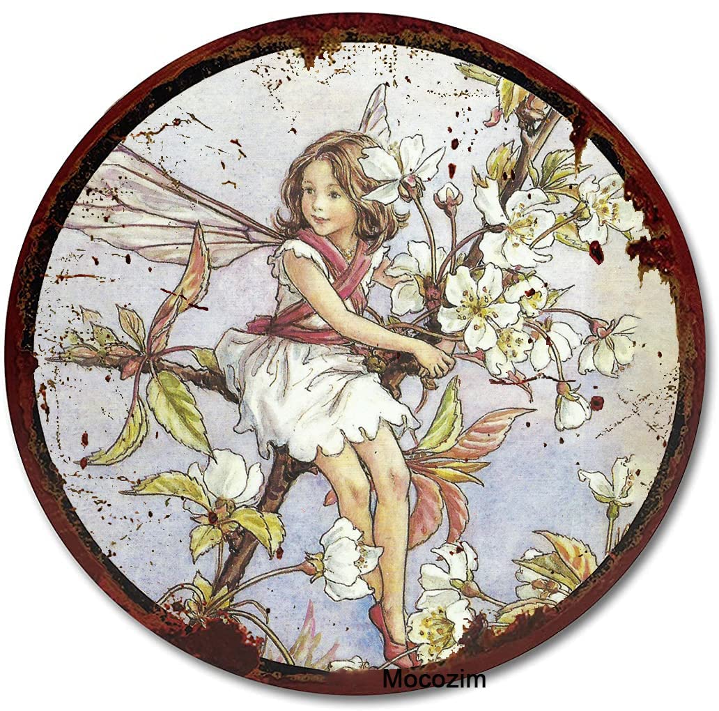 Rustic Retro Round Metal Tin Sign Wild Cherry Blossom Fairy Cicely Mary Barker Flower Fairies Vintage Wall Art Nursery Decor Fairy Print Home Decor Courtyard Decoration Sign 12x12 Inch