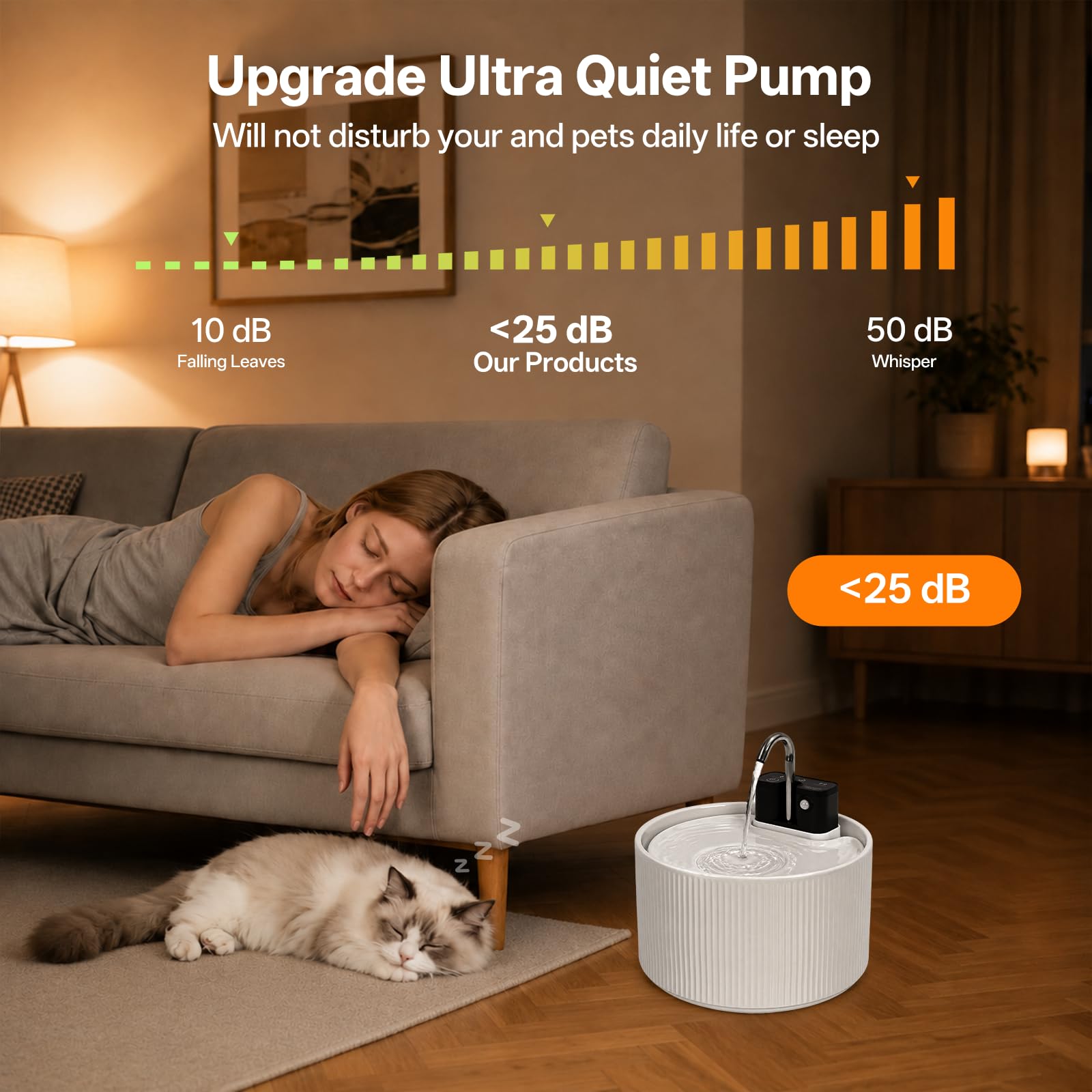 Fuente para gatos inalámbrica de cerámica, 2,2 L, fuente silenciosa para gatos, detector de movimiento, dispensador automático de agua para gatos y perros con sistema de filtro, batería de 4200 mAh