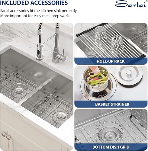 Miniatura 7 de Sarlai Fregadero de cocina de montaje inferior  Fregadero de cocina de 36 pulgadas, doble tazón 5050, división baja, montaje inferior, 36 x 19,