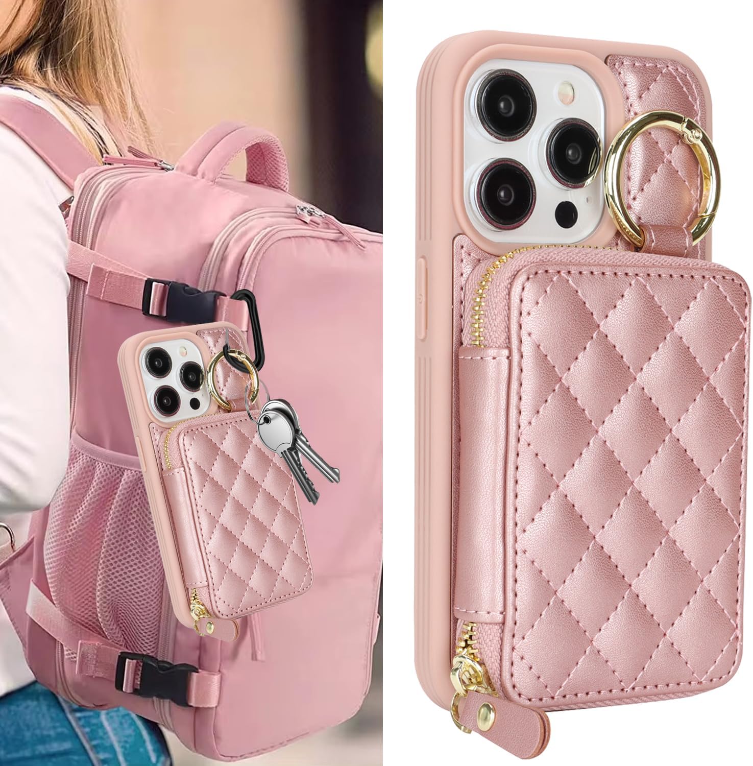for iPhone 13 pro Case Wallet with Card Holder,for iPhone 13 pro Phone case Wallet with Zipper with Slot Kickstand Stand Case for Women and Man 5G 6.1 Inch-Rose Gold