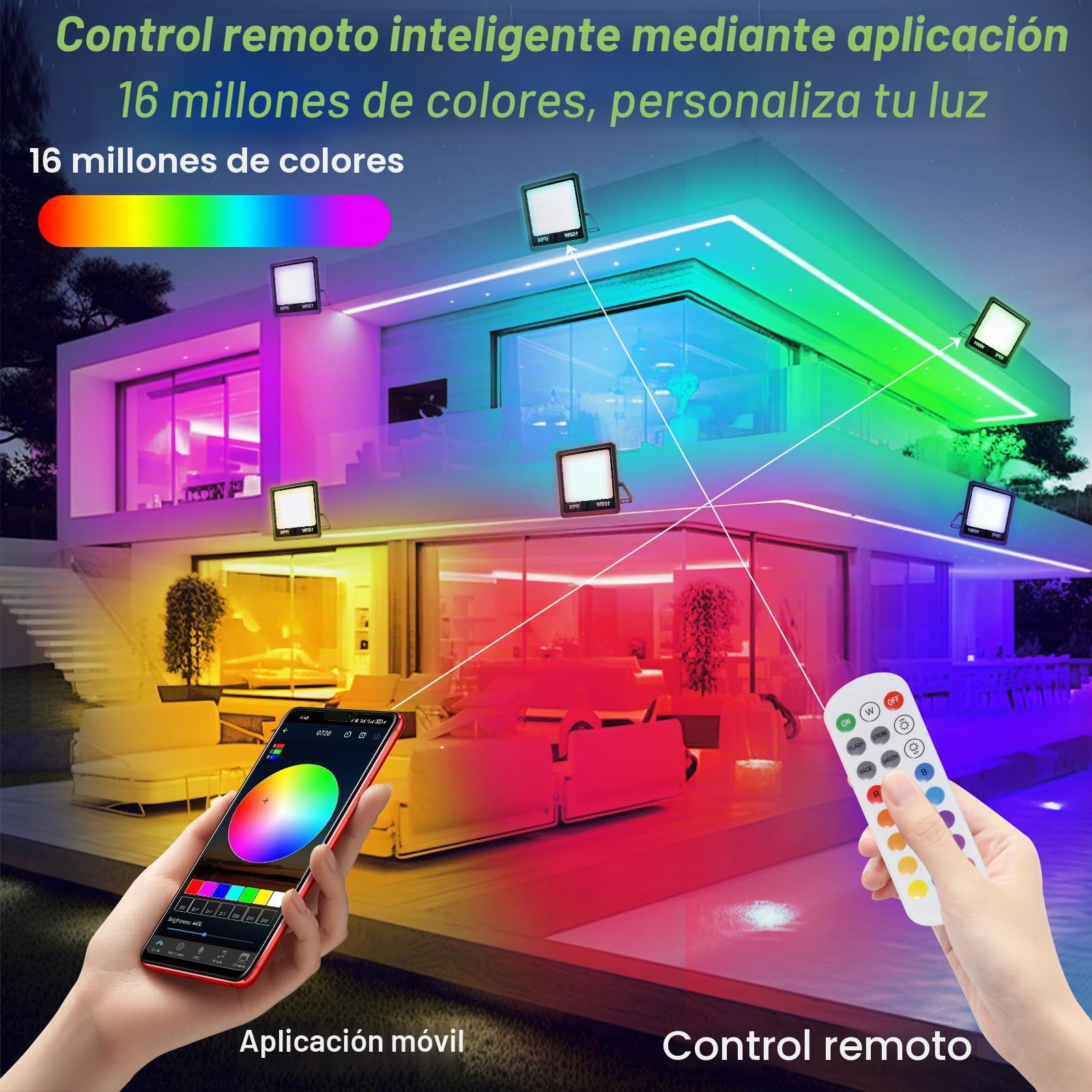 Foco LED RGB Exterior 100W, Regulable Foco LED con APP Bluetooth y Mando a Distancia 2.4G, IP66, 16 Millones de Colores DIY, Para Jardín, Fiestas, Pascua, Halloween