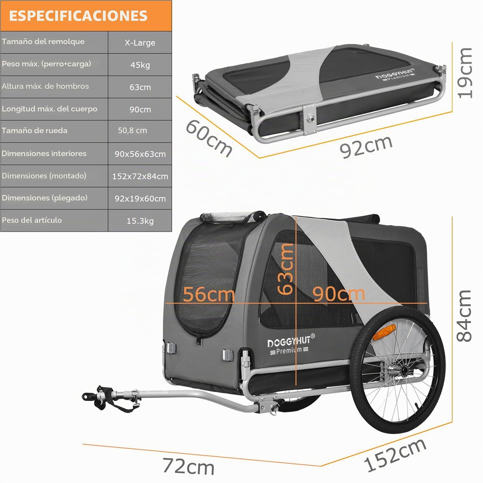 DOGGYHUT® 80103 Premium XL Remolque de bicicleta para perros hasta 45 kg Remolque de bicicleta para perros y perros grandes