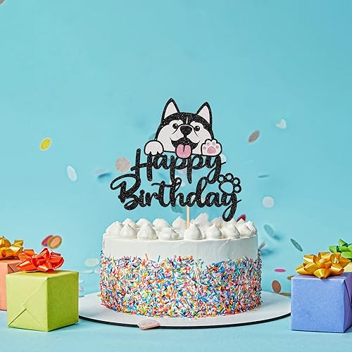 Miniatura 6 de Decoración de pastel de Husky de feliz cumpleaños, suministros para tartas de fiesta de cumpleaños para cachorros, suministros de fiesta de