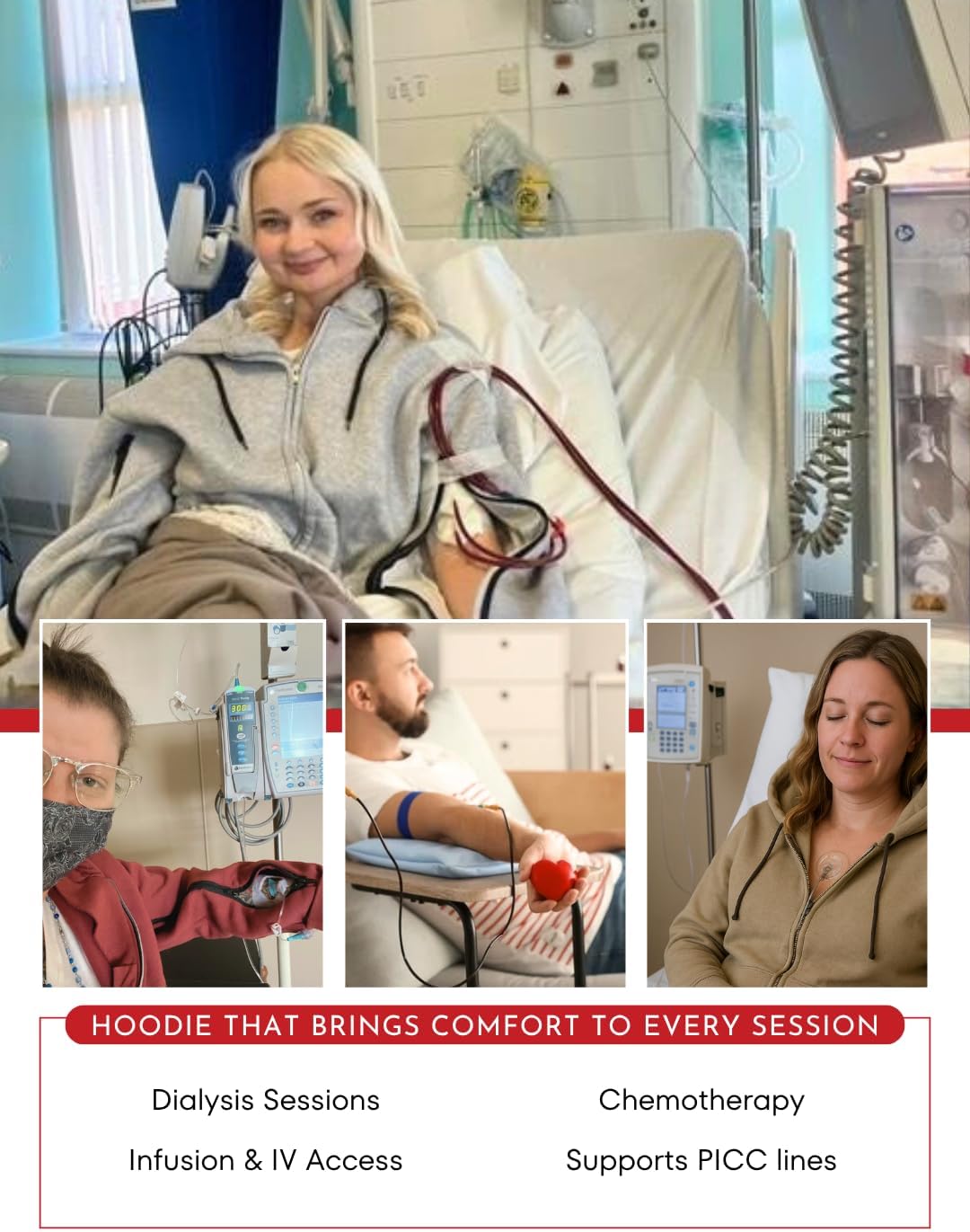 Inspired Comforts Dialysis Port Access Unisex Hoodie with Two Way Arm Access Zip - Image 5