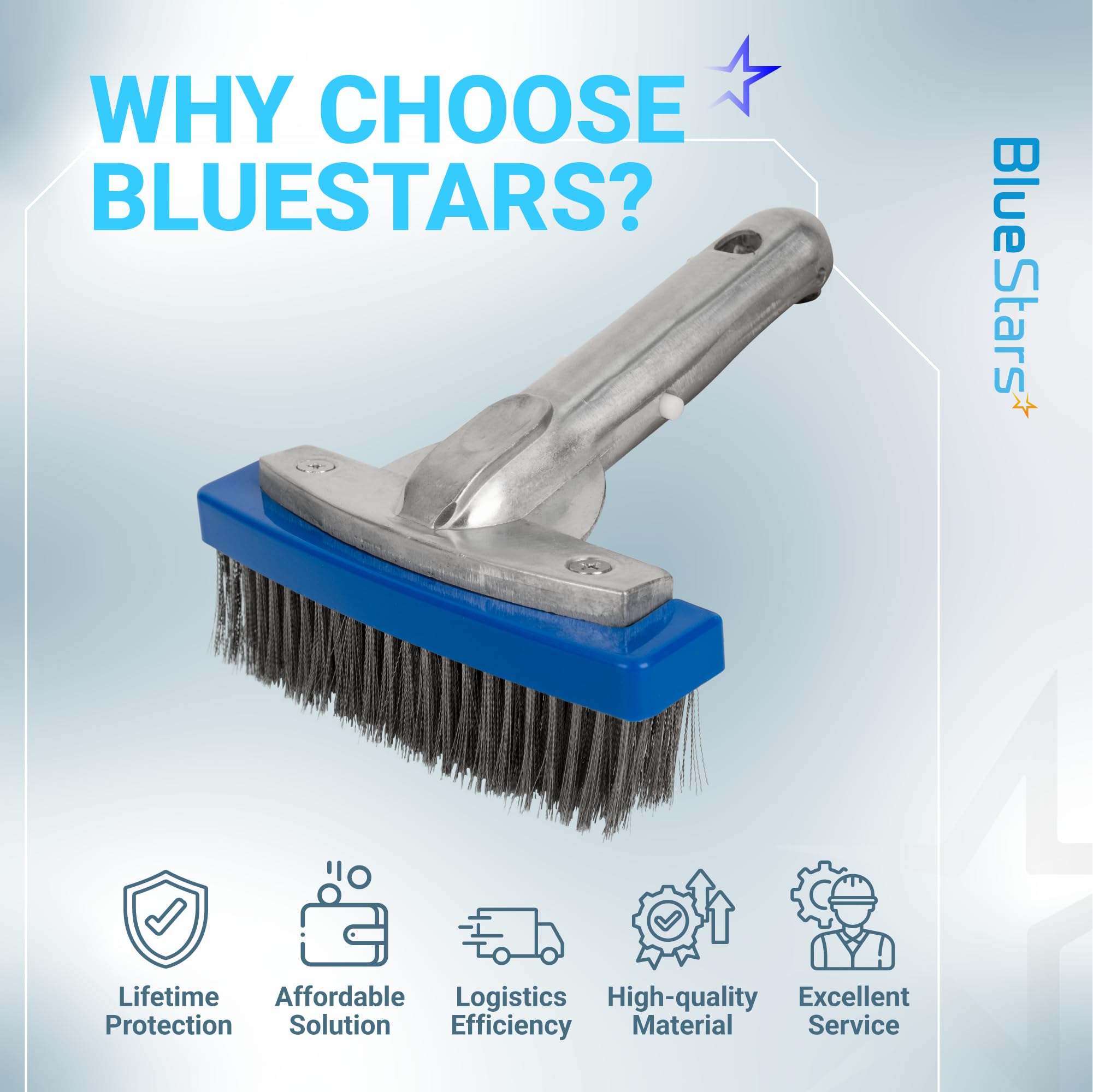 BlueStars Cepillo de piscina resistente de 12,7 cm con alambre de cerdas de acero inoxidable y mango de aluminio de 12,7 cm, adecuado para hacer frente a manchas difíciles en paredes, azulejos,