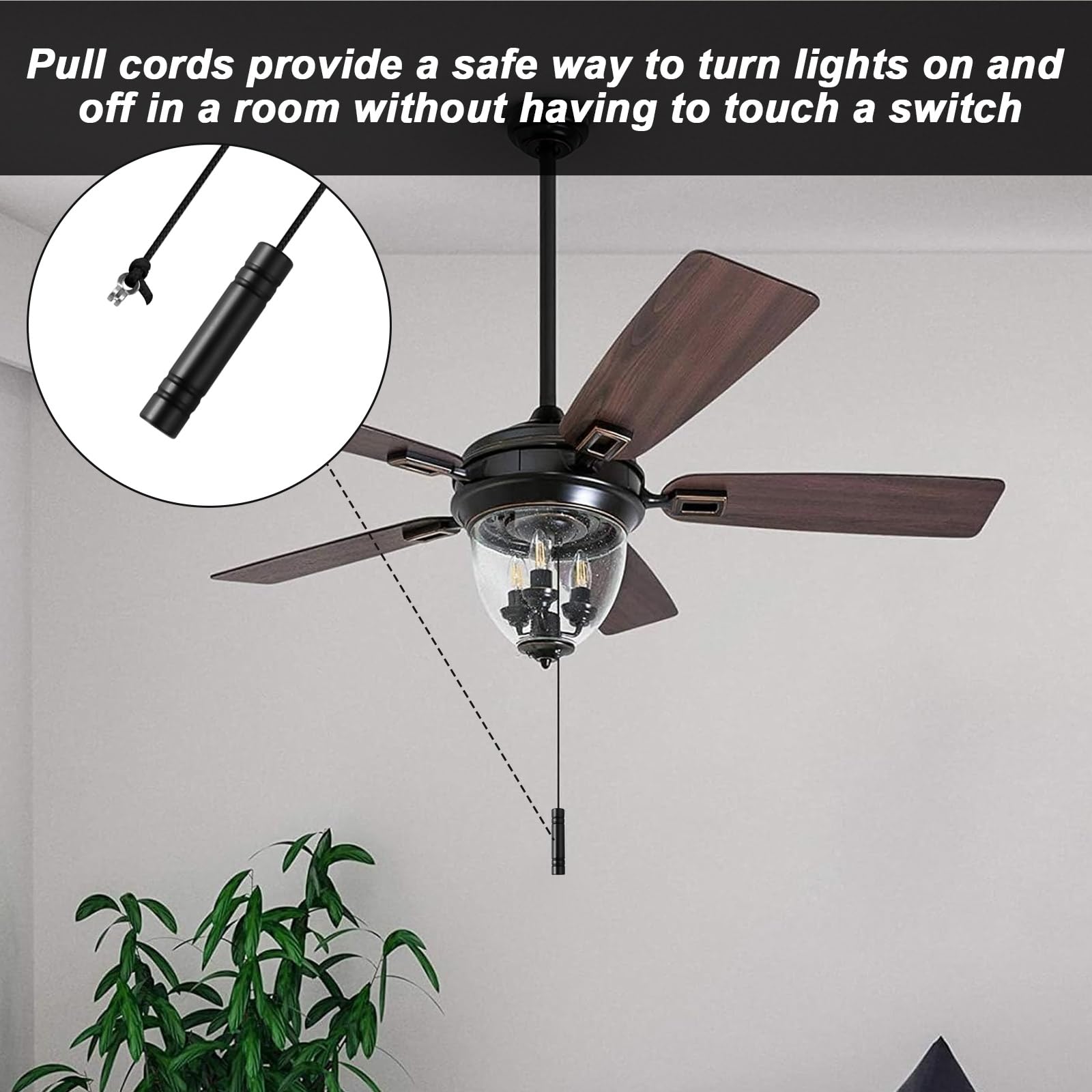 TXErfolg Bathroom Light Pull Cord 5.8 * 1.2cm Pull Cord Handle with 150cm Light Pull Cord Extension Black Cylindrical Pull Cord Light String Handle Connector for Toilet Ceiling Lights Fan Switch - Image 4