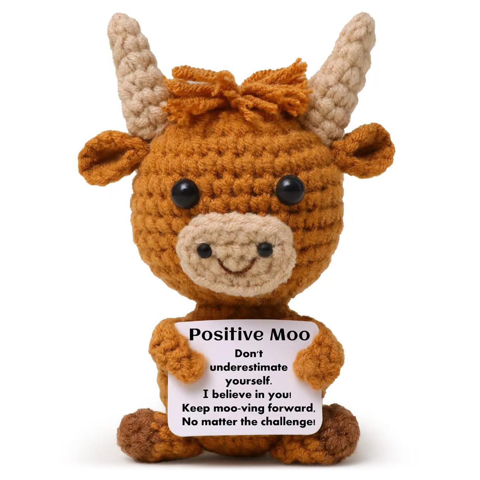 Wetopee Scottish Highland Cow Crochet Plush Toy, Handmade Knitted Emotional Support Doll with Encouragement Card, Thoughtful Gift for Women, Perfect for Birthdays, Christmas & Gifting to Friends