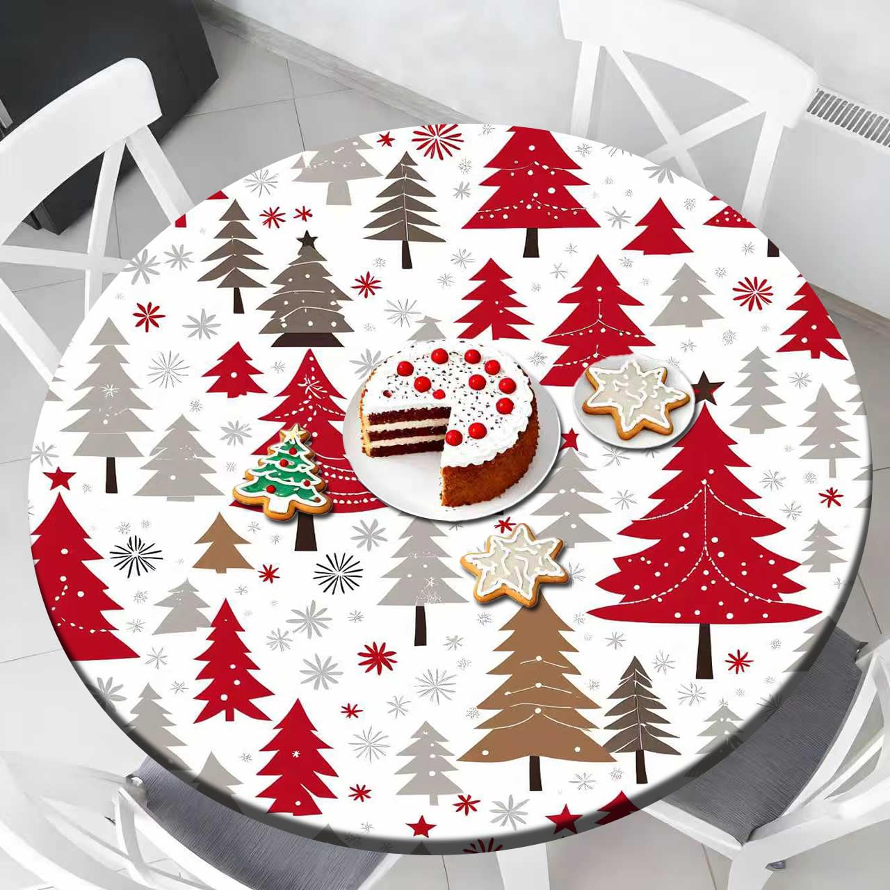 Round Christmas Tablecloth Round Elastic Tablecloth Winter Red Trees Round Fitted Tablecloth 45" - 56", Christmas Fitted Table Cloth Waterproof