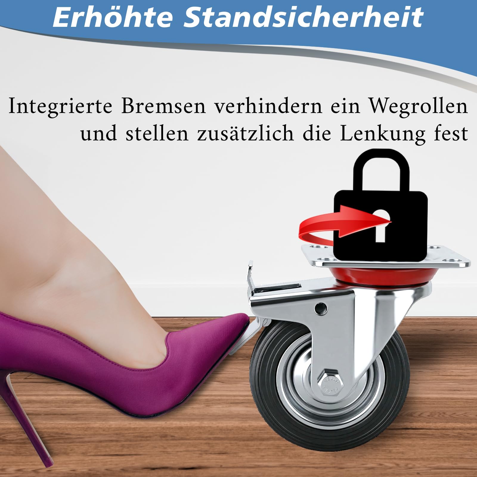 Schwerlastrollen Transportrollen Schwarze Industrierollen - 100mm Rollen-Set: 2x Bockrolle + 2x Lenkrollen mit Bremsen - Spurlose & Massive Rollen für Werkstatt Werkzeugwagen Hochbeet