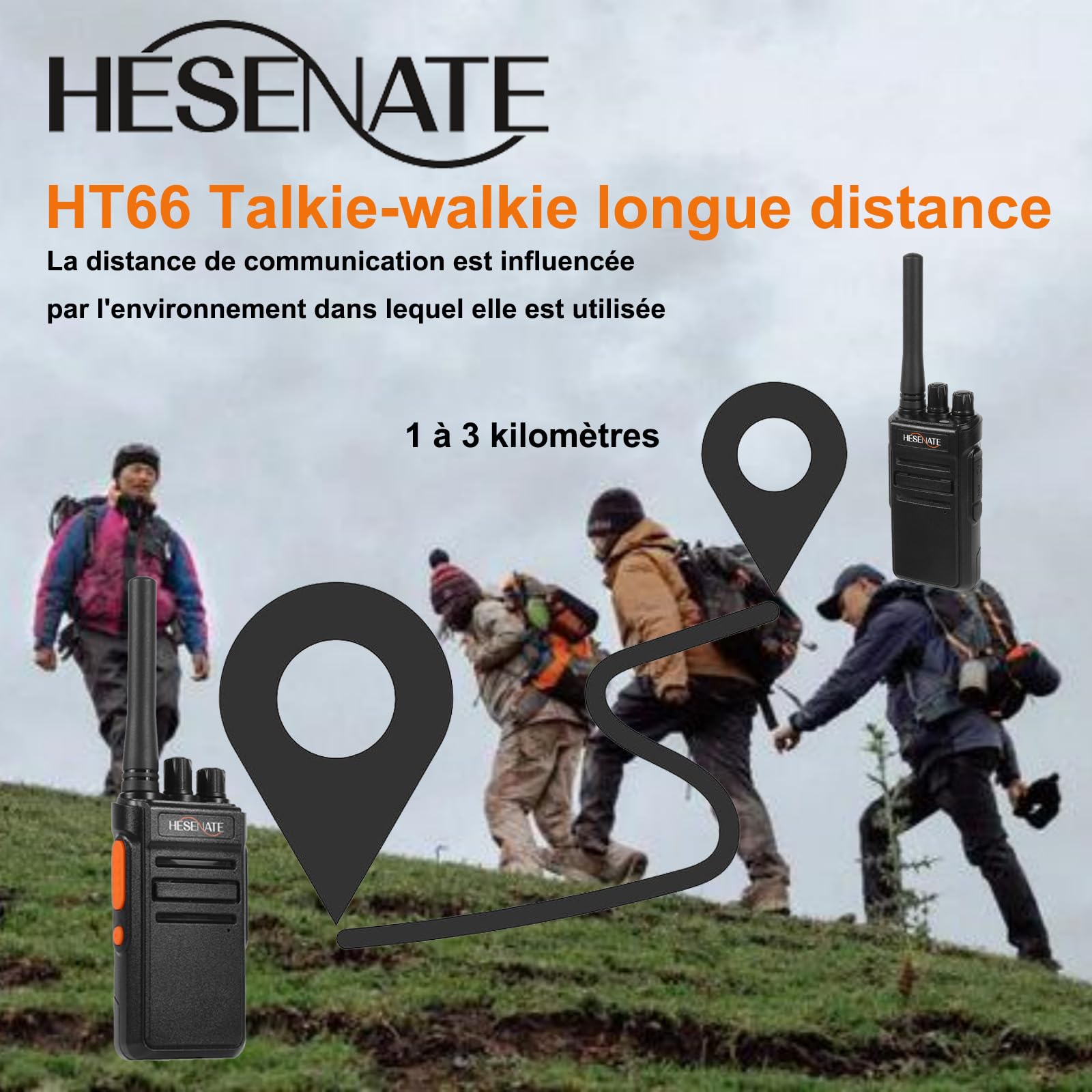 HESENATE HT66 Talkie-walkie PMR446 Radio sans Licence Radio Longue portée Talkie-walkie Professionnel 16 canaux Portable Woki Toki (Noir, Lot de 6) (avec Chargeur 6 emplacements)