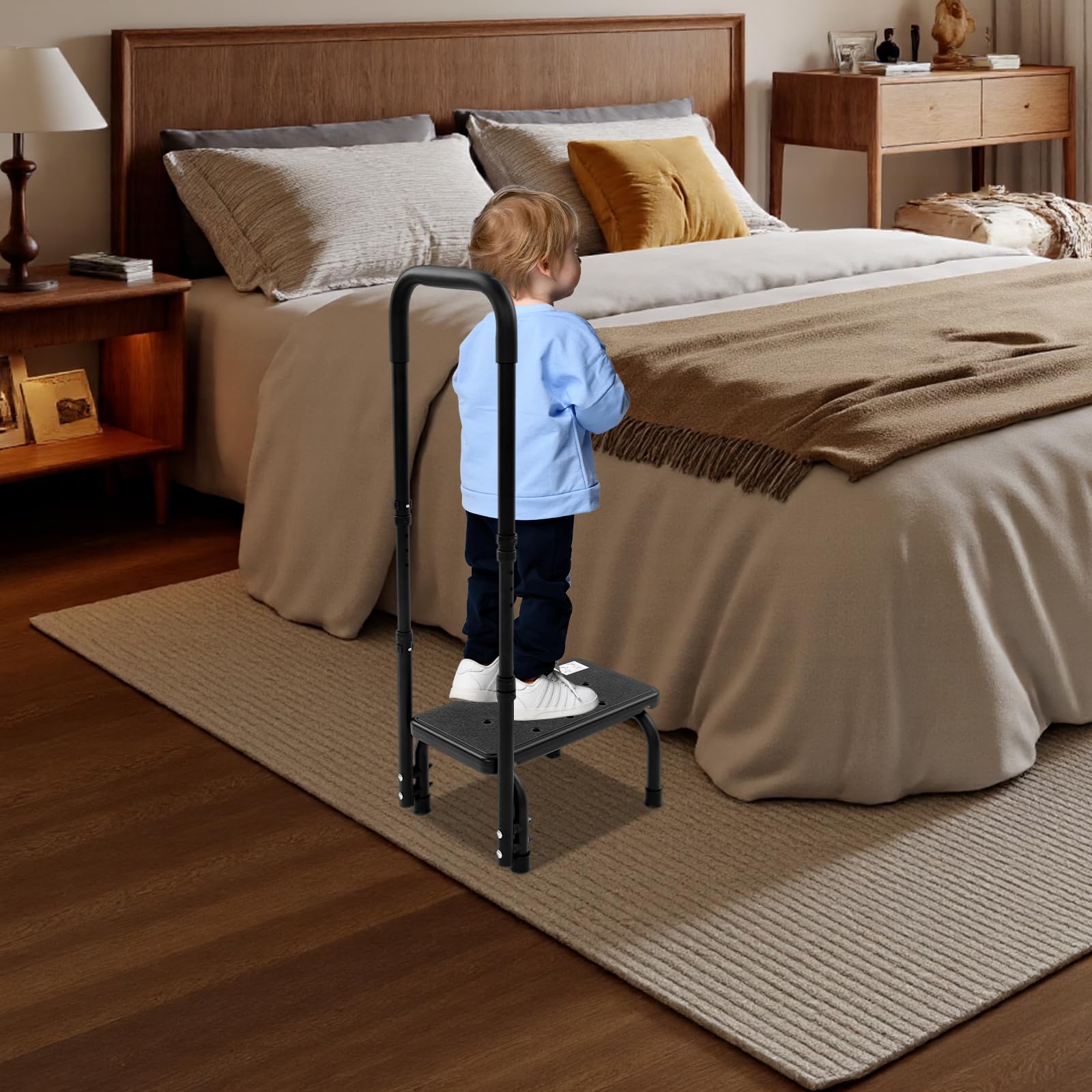 Sgabello con maniglia, regolabile in altezza a 5 marce, scaletta con pedana antiscivolo, base per vasca da bagno per anziani, adulti e bambini in cucina, vasca da bagno, letto (bianco)