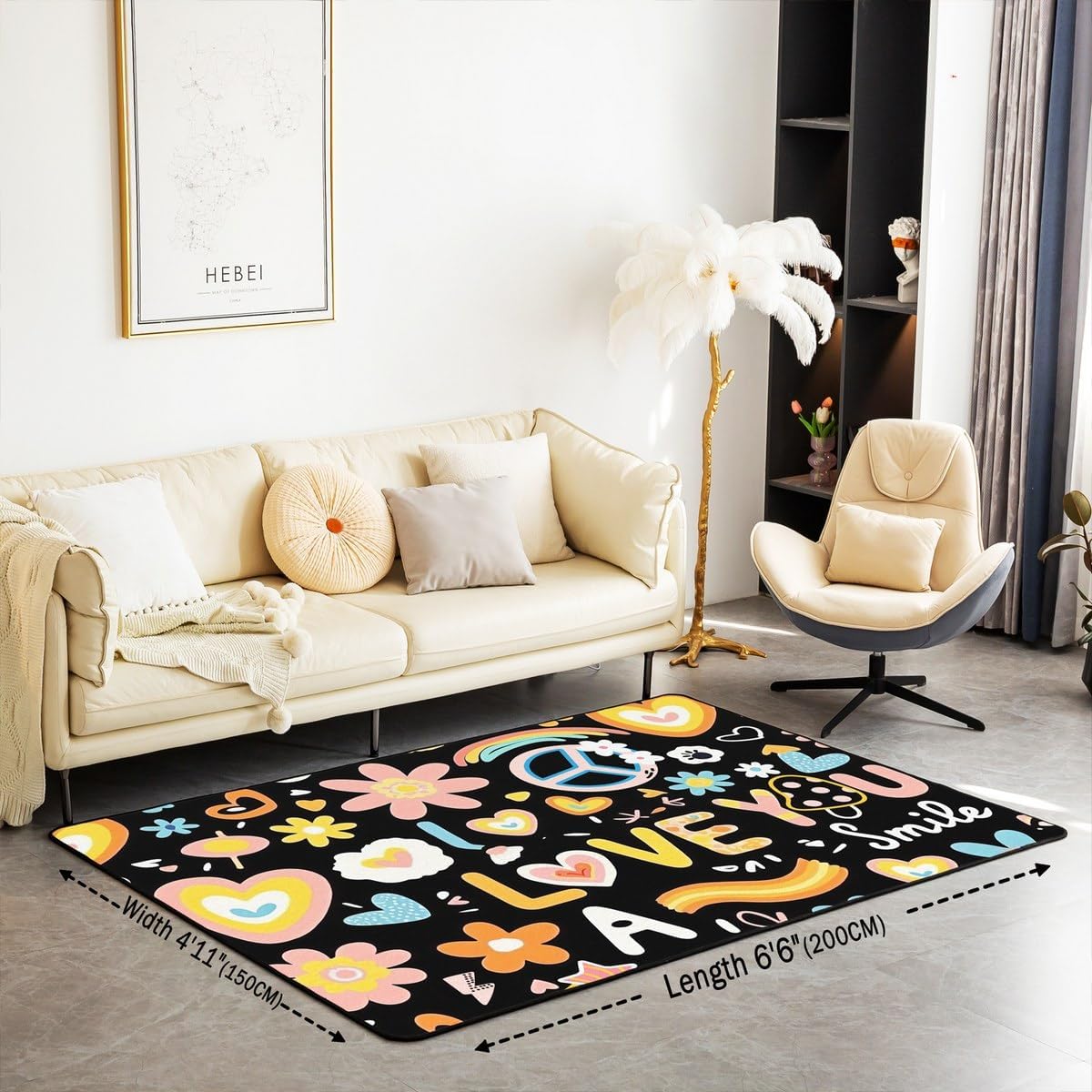 Groovy Flower Area Rug 5x7 for Kids Boys Bedside Dining Room, Cartoon Rainbow Stars Daisy Peace Sign Non Slip Rug, Cute Room Decor for Teen Girls, Hippie Aesthetic Funny Carpet Non Shedding Y2K Decor