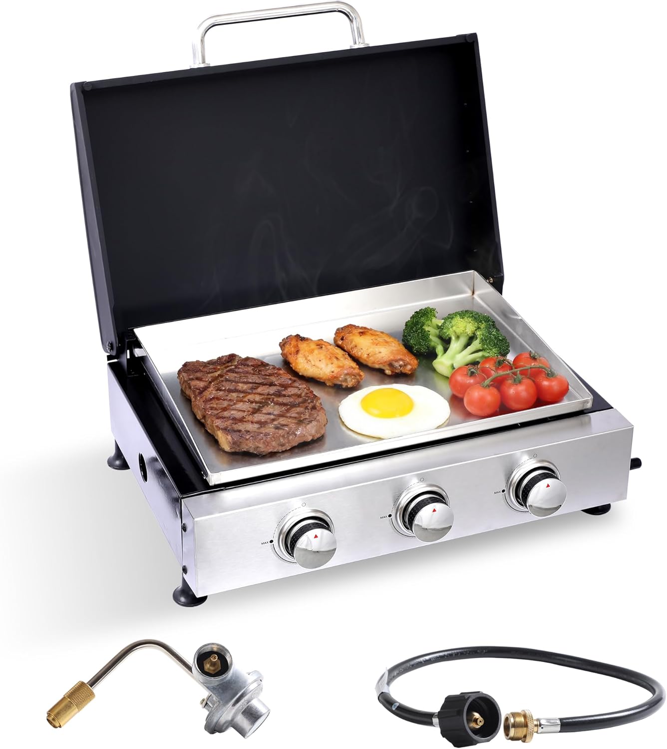 Portable Tabletop Gas Griddle Grill with Stainless Steel Griddle, Includes Dust Cover & Regulator, Perfect for Camping & Tailgating (3-Burner)