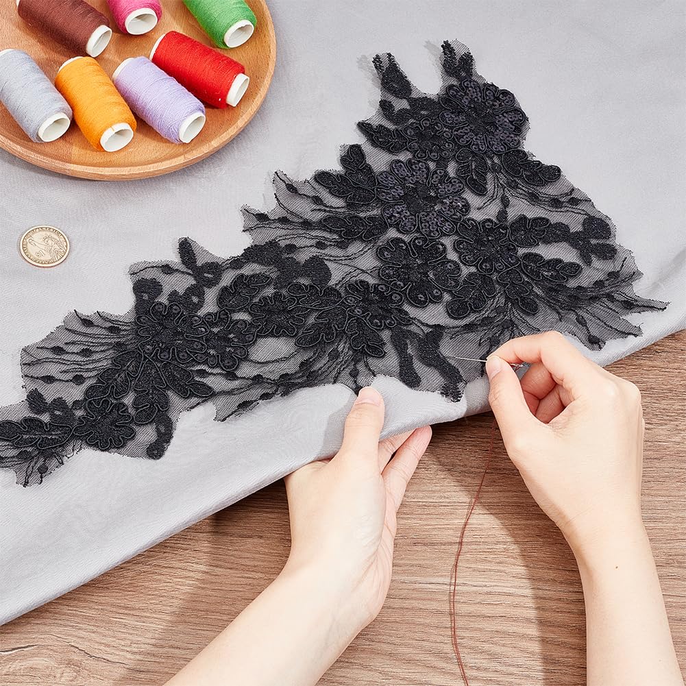 GORGECRAFT 4Pcs 3D Sequin Lace Applique Embroidery Sew on Leaf Flowers Collar Trim Patch Floral Motif Fabric Craft Decoration Patches for Sewing Wedding DIY Clothes Dress Pants Jeans Bag Garment Black - Image 3