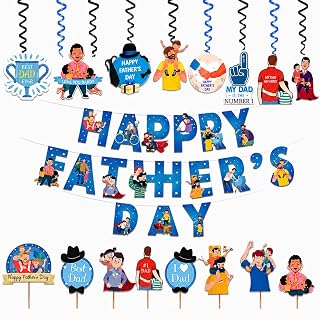 Festiko® Father's Day/Super Dad Birthday Party Decorations Items for Surprise (All in One Surprise KIT Banner,Swirls,Cake Toppers,Cup Cake Topper,Ribbons)- 16 Pcs