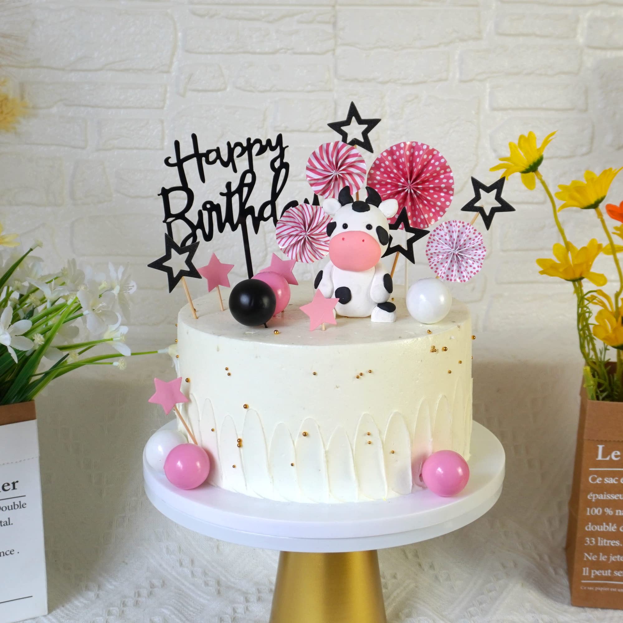 Cow Cake Topper Farm Birthday Party Decor - Miniature Figurines, Paper & Foam Ornaments For Baby Shower Or Girl's Party