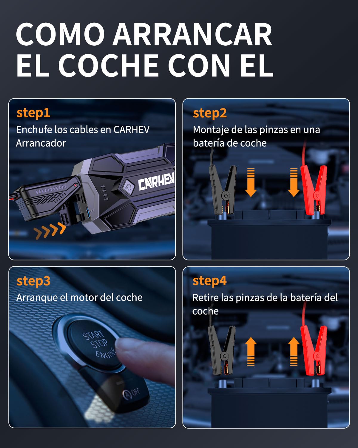 CARHEV Arrancador de Coche 4500A, Arrancador de Bateria de Coche Portátil (hasta 8,0L de Gas o 8,0L de Diésel), 12V Car Jump Starter con Linterna LED y Pinzas bateria Coches