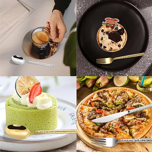 Miniatura 5 de Juego de cubiertos martillados dorados de 60 piezas para 12,304 cuchillos de acero inoxidable grueso, juego de tenedor y cuchara, apto para
