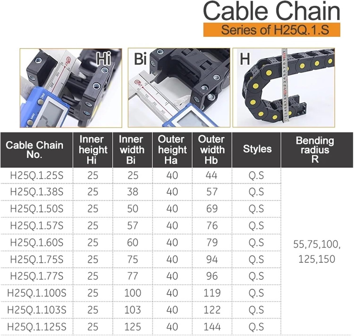 BIRAN 1-Meter Cable Drag Chain. Series of H25Q.1.S-Bridge Type Open of Both Side(100mm,25x100 mm)