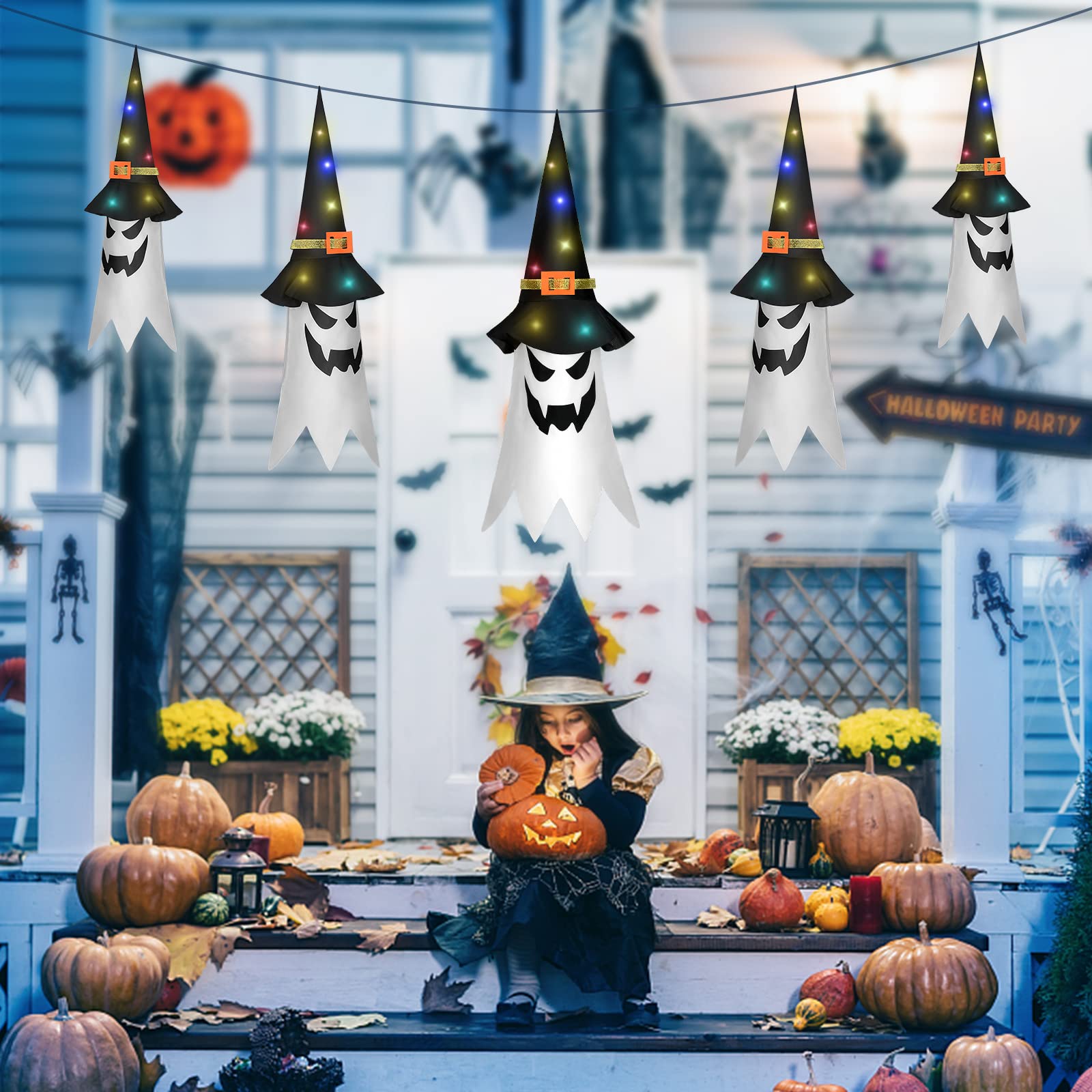 Timiyou Halloween-Deko Garten Outdoor, 5 Stück Hängende Geister mit Hexenhut, Halloween Lichterkette Fliegende Geisterhüte mit 10 LED Lichtern