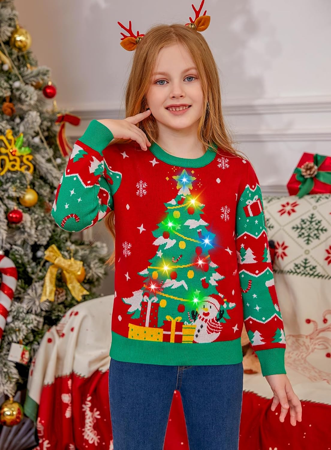 Kids Ugly Christmas Sweater Girls Boys LED Light Up Christmas Sweaters Funny Xmas Knitted Pullover for 5-14Y