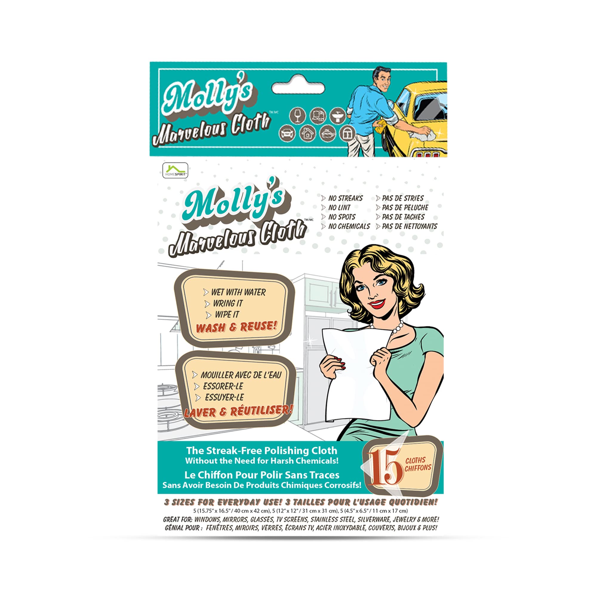 Molly's Marvelous Cloth - Paño de limpieza de microfibra sin rayas, sin pelusas, paño de pulido para vidrio, acero inoxidable, uso para cocina, baño, coches, detalles, reutilizable (15.75 x 16