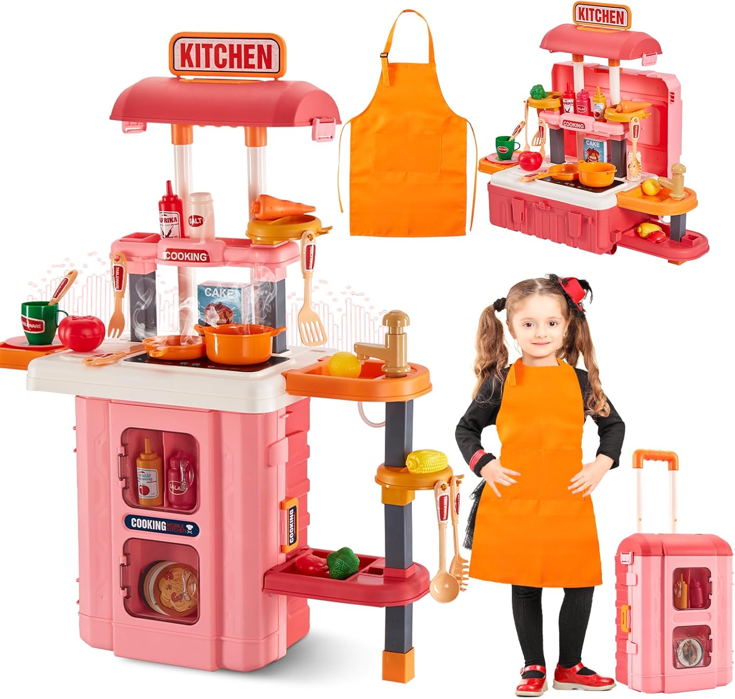GEIYATOI Kitchen Playset, 3 in 1 Kitchen Pretend Play Toys Travel Suitcase, 49 PCS