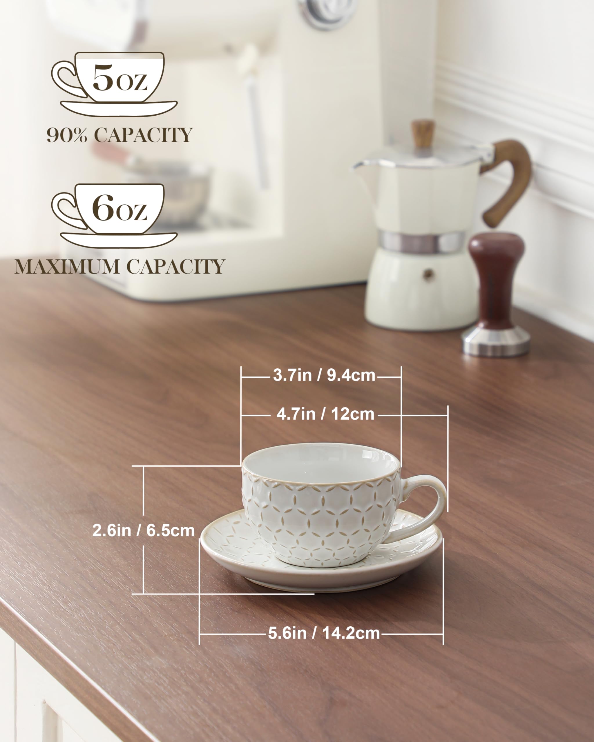 MALACASA Serie LYDIA, Set di 4 Tazze da Caffe per 4 Persone, 180 ml Set Tazzine Caffè Impilabile con Piattino, Ideale per Espresso, Cappuccino, Latte, Moka e Tè, Disegno in Rilievo