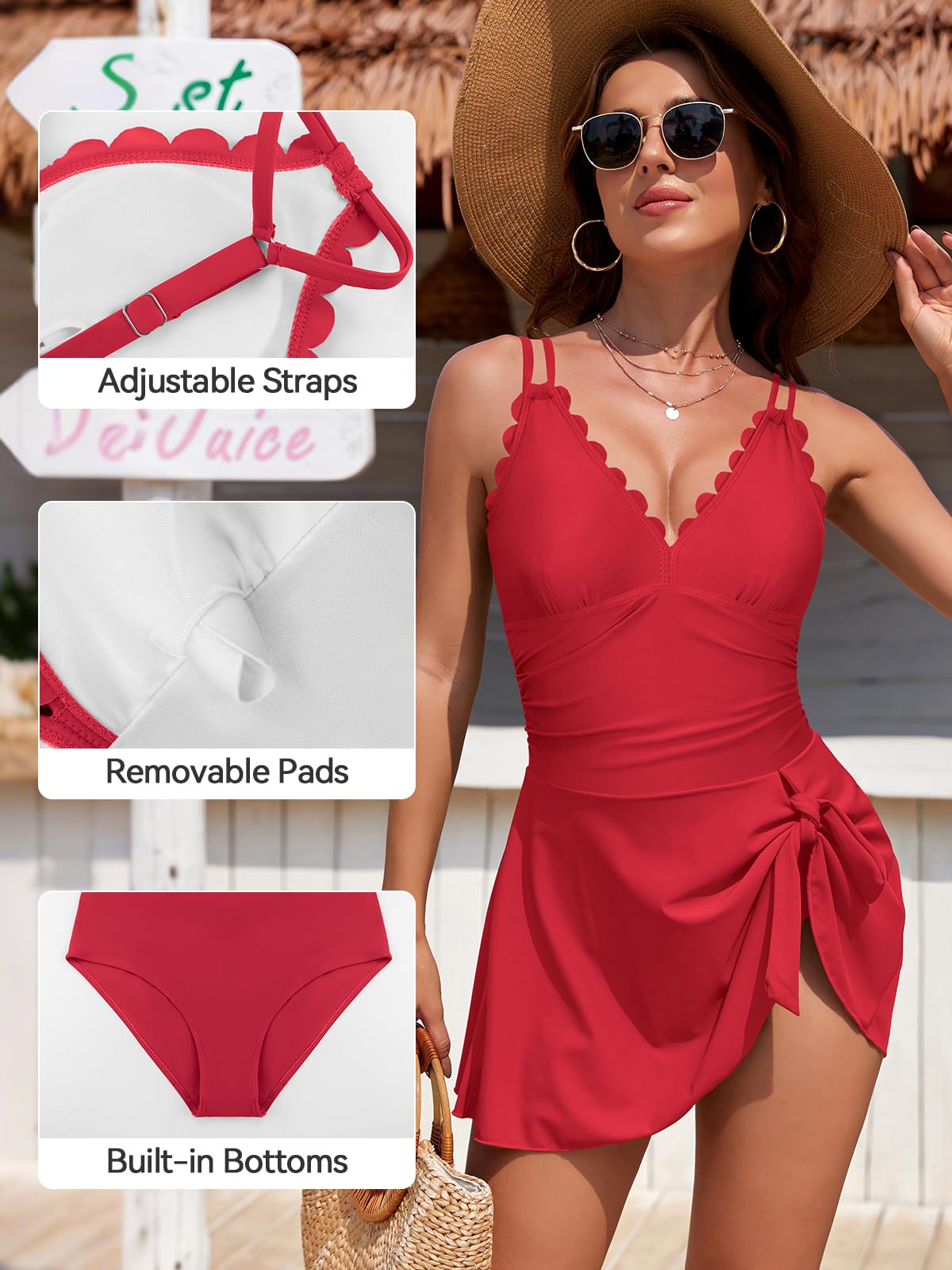 SHEKINI Costume da Bagno Intero da Donna con Gonna Scollo a V Controllo della Pancia Costumi da Bagno Mare Gonna da Spiaggia Swim Skirt