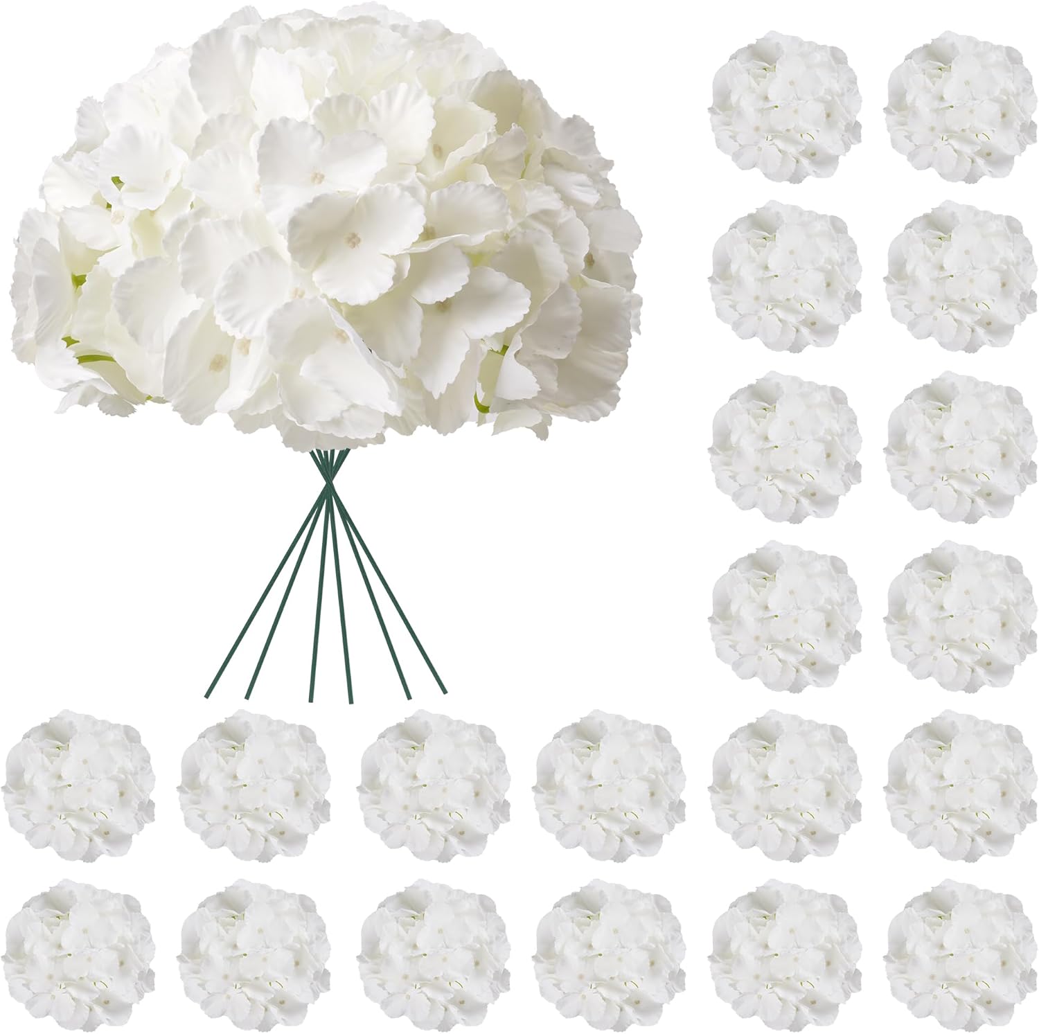 50pcs Hydrangea Artificial Flowers White Faux Hydrangea Flowers Heads with Stems Silk Flowers for Wedding Arch, Table Centerpieces, Home, Garden, Baby Shower, Party Decor