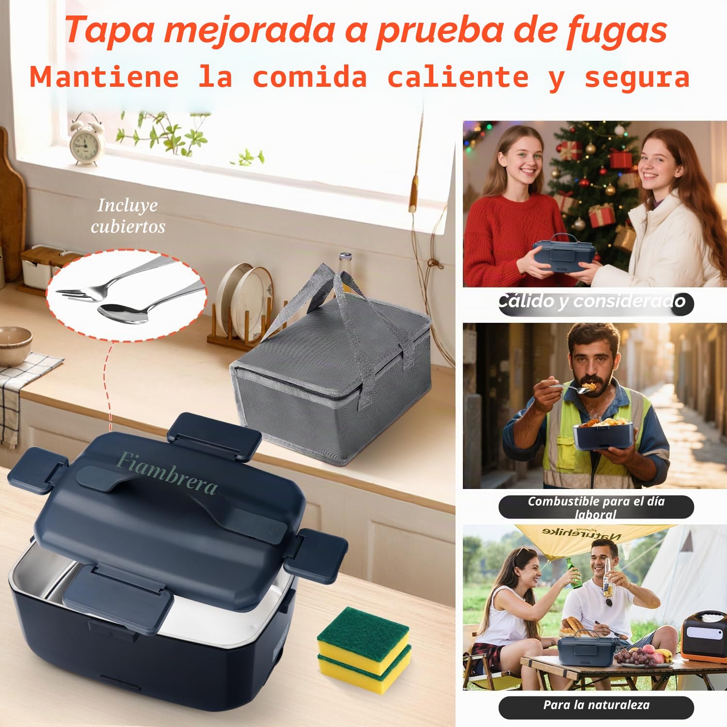 Fiambrera Eléctrica de 90W de Gran Capacidad, 3 en 1 Fiambreras Comida Trabajo, 12V/24V/220V Taper Eléctrico para Comida con Extraíbles para Coche y Oficina (Negro, 2 L)