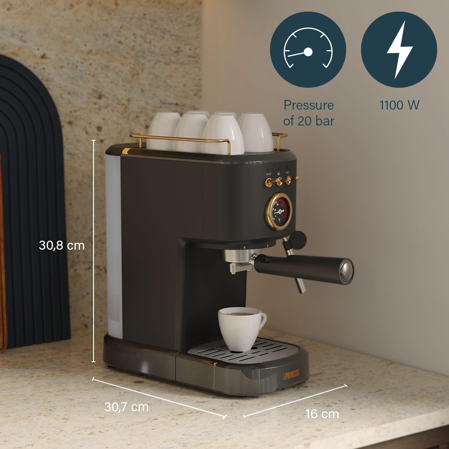 Princess Máquina de Espresso, 1100W, 20 Bares, Calentador de Tazas, Boquilla de Vapor, Depósito 1,2L, Para Café Molido y Cápsulas, Fácil de Limpiar, Apagado Automático, 01.249417.01.001