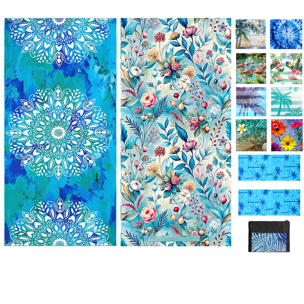 JAODFK 2 Pcs Microfibre Beach Towel 71"X32" Quick Dry Mandela Lightweight Sand Free Extra Large Thin Towels Travel Essentials For Adults Womens Swim Bath Accessories Mats Holiday Must Haves Flower