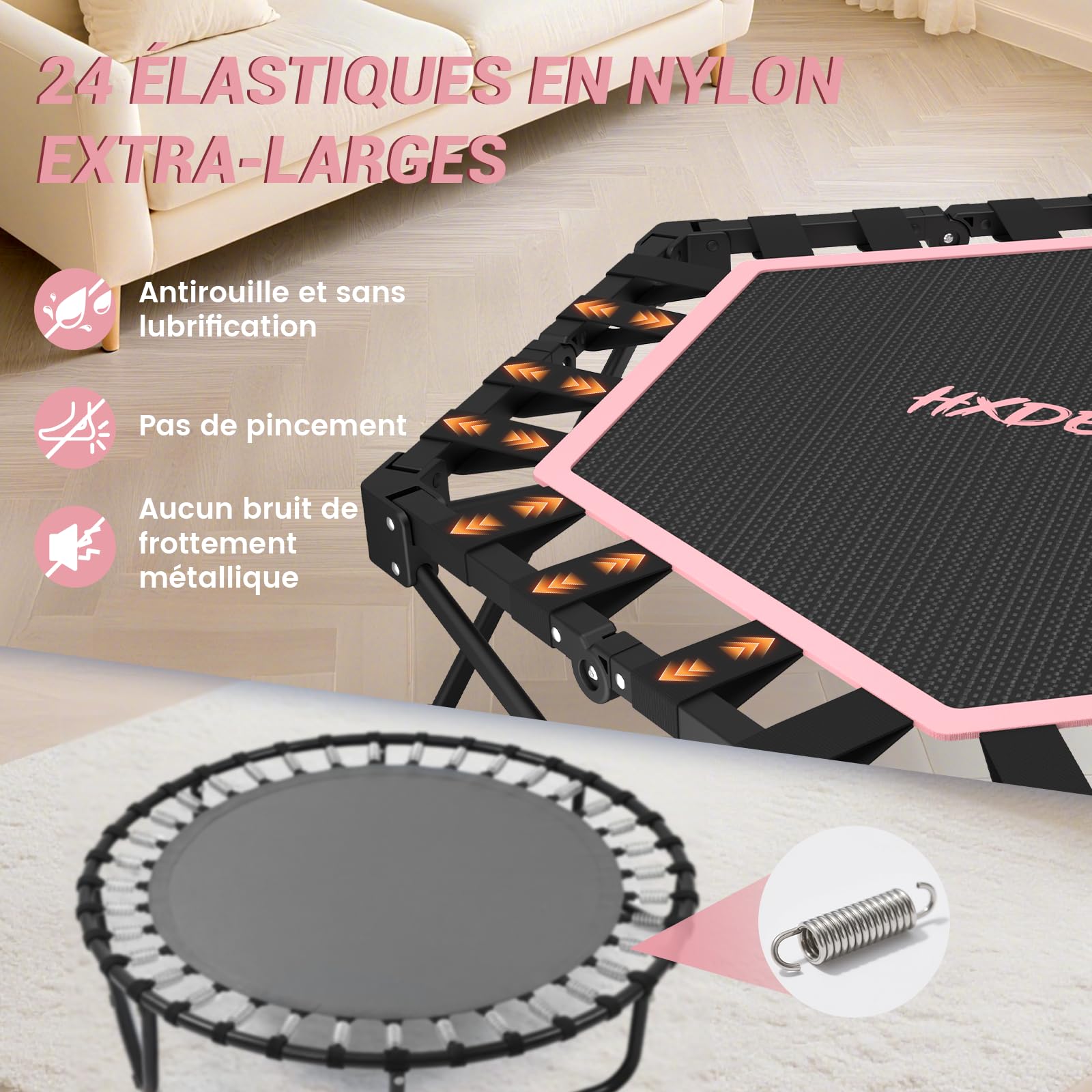 HXD-ERGO Trampoline de Fitness avec poignées réglables, Mini Trampoline de Saut Pliable pour Adultes, diamètre 106 cm