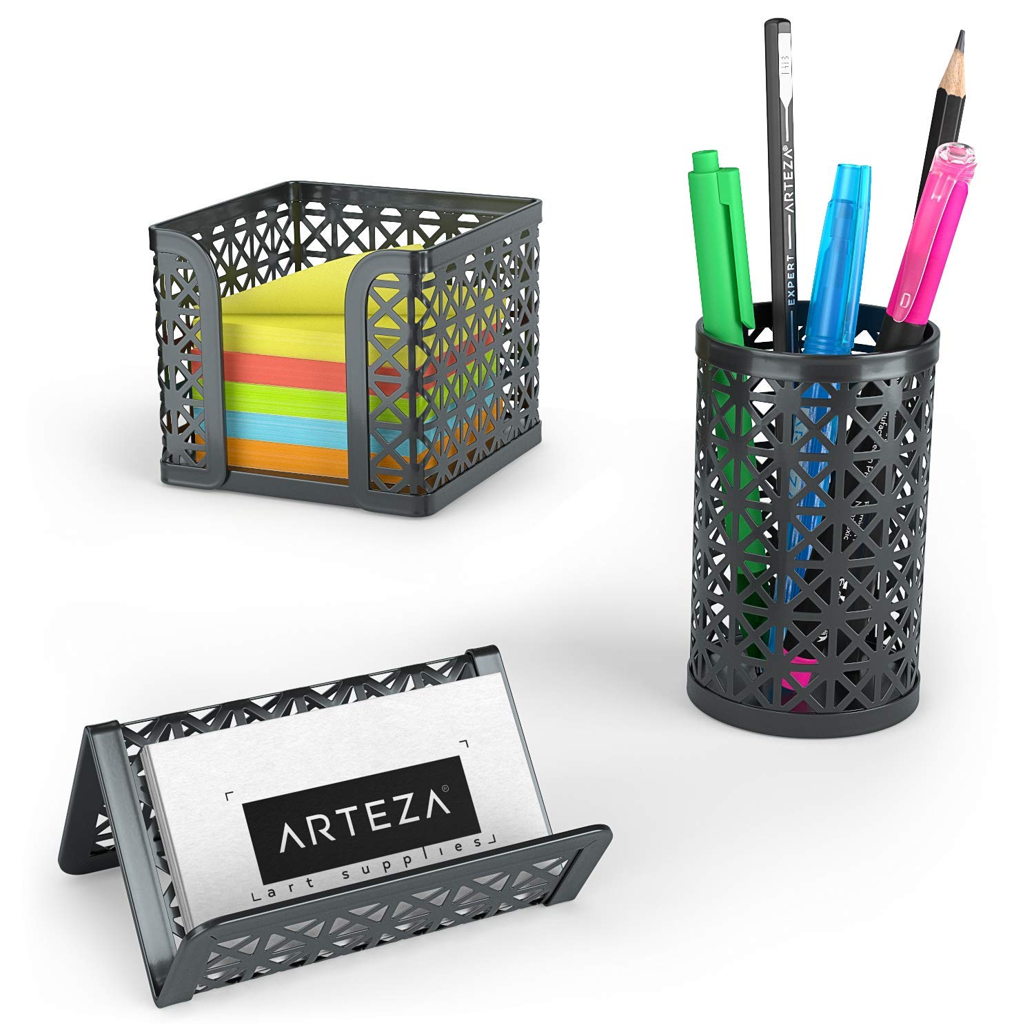 ARTEZA Set Accessori Organizer Scrivania Grigio Scuro, 6 Pezzi: Porta Penne, Porta Lettere, Vaschetta Portadocumenti, Porta Riviste Ufficio, Porta Biglietti Visita, Porta Notes, da Casa o Ufficio