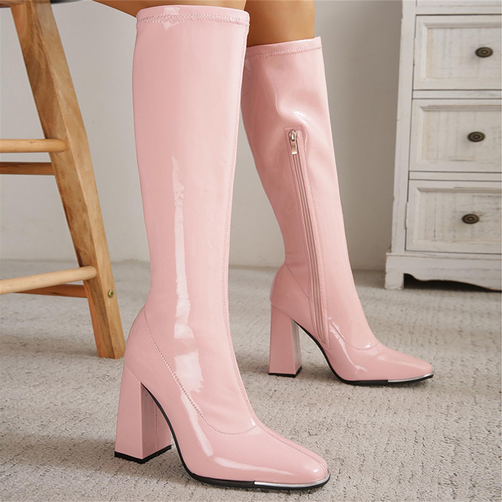 XZEIT Botas para mujeres Botas de montar Botas Altas Botas Altas Tacones Square Toe Basic Casual Faux Faux de cuero brillante Capallera Long Boot Heel Altura 10.5 cm