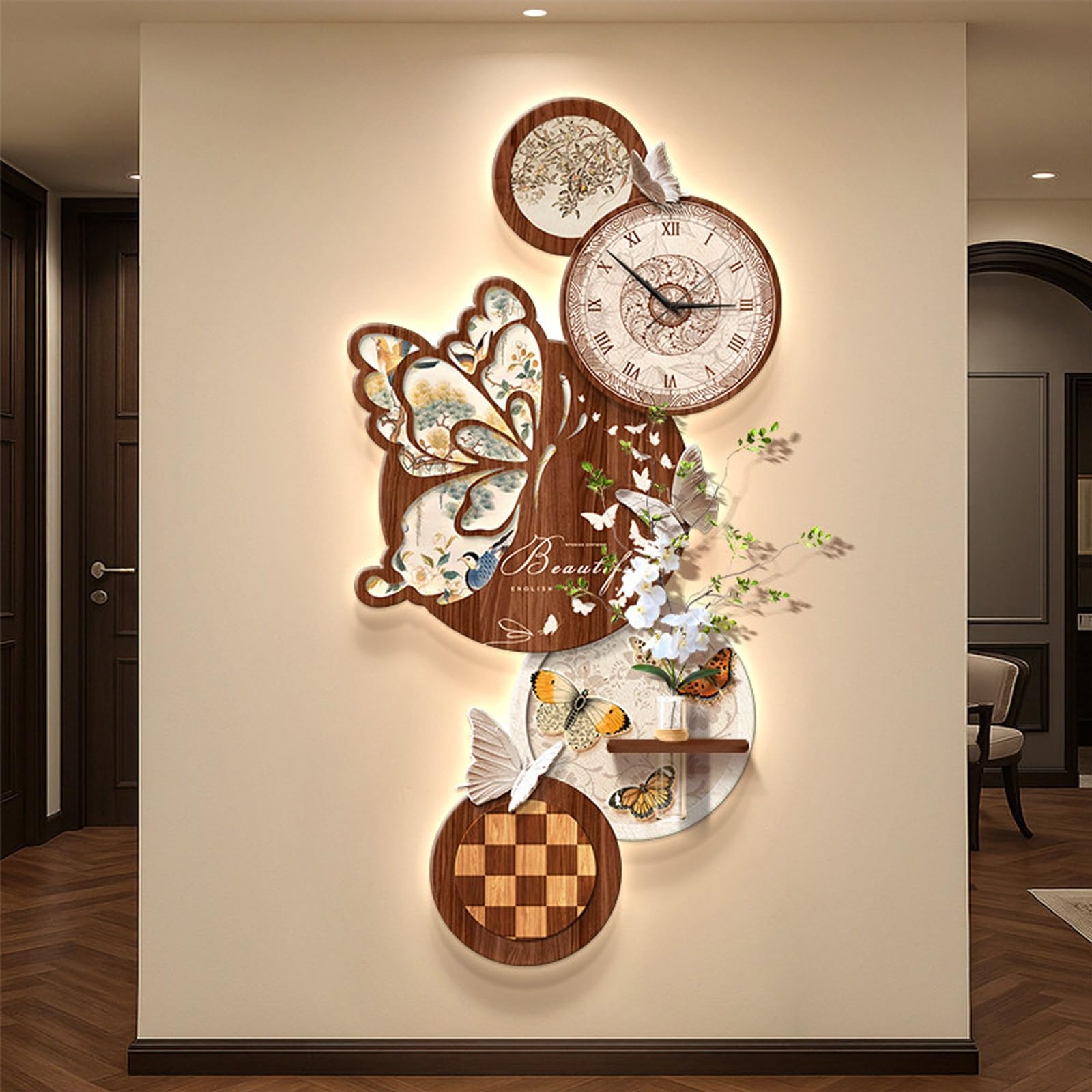 ITOSUI 3D Beautiful Butterfly Decorative Wall Clocks,Entryway Creative Decorative Wall Clock with Glass Vase,Stylish Wall Art with Light,for Living Room Bedroom Dining Room(Brown,23.6 * 47.2")