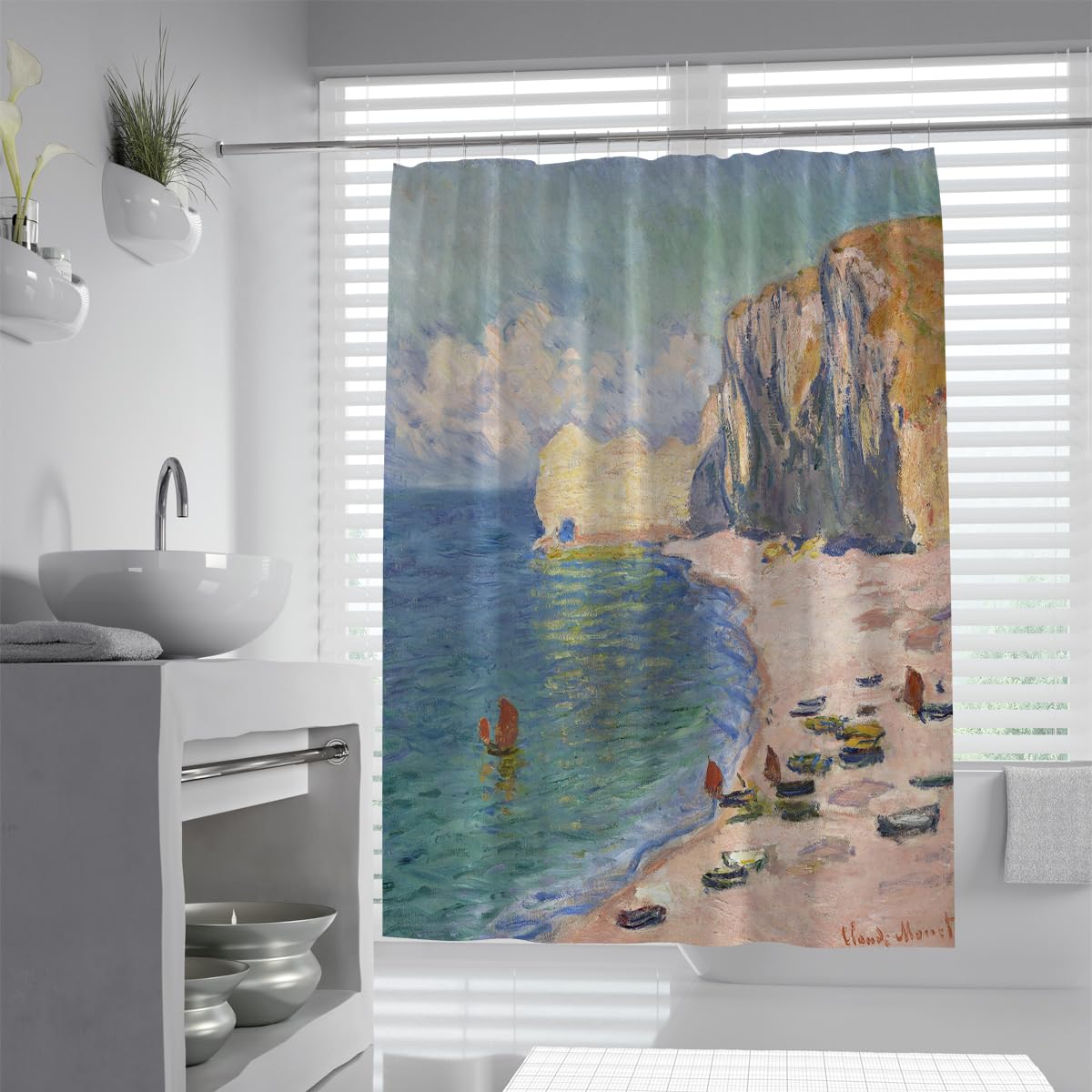 OLLIAR Home Coastal Cliff Sea Wave Cloth Shower Curtain Vintage Ocean Beach Art Paint Bathtub Curtains Aesthetic Waterproof Bathroom Shower Curtains 150x180cm