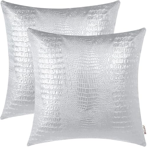 BRAWARM Fundas de almohada de piel sintética de 16 x 16 pulgadas, paquete de 2 fundas de almohada de cuero plateado, almohadas decorativas de piel