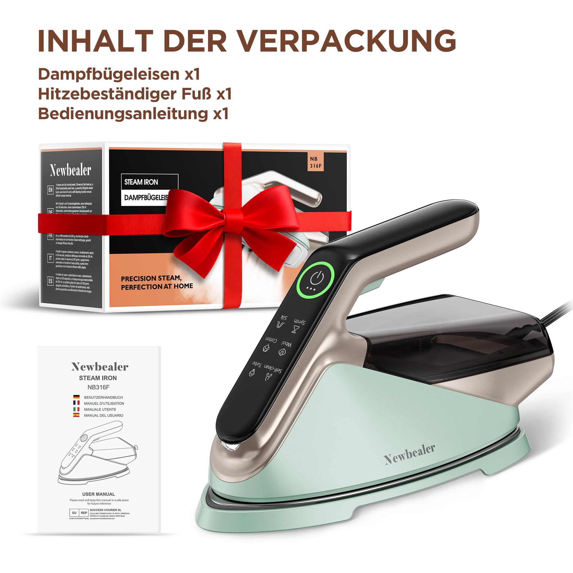 Newbealer Dampfbügeleisen 2400W Turbo - 350 ml abnehmbarer Wassertank, max. 32 g/min Dauerdampf, 200 g Dampfstoß, 4 Dampfstufen, Automatische Abschaltung & Selbstreinigung, Grün