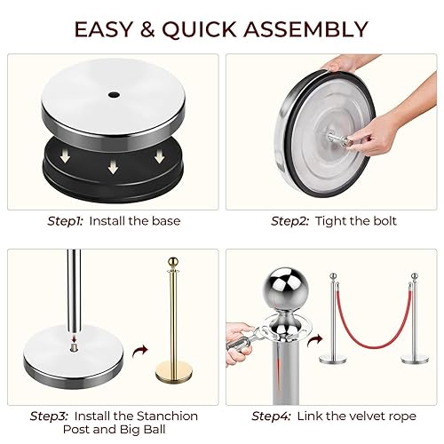 Miniatura 6 de Yaheetech 4 postes de acero inoxidable  Cuerda de terciopelo rojo extendida de 6.6 pies, barreras de seguridad retráctiles con base estable para