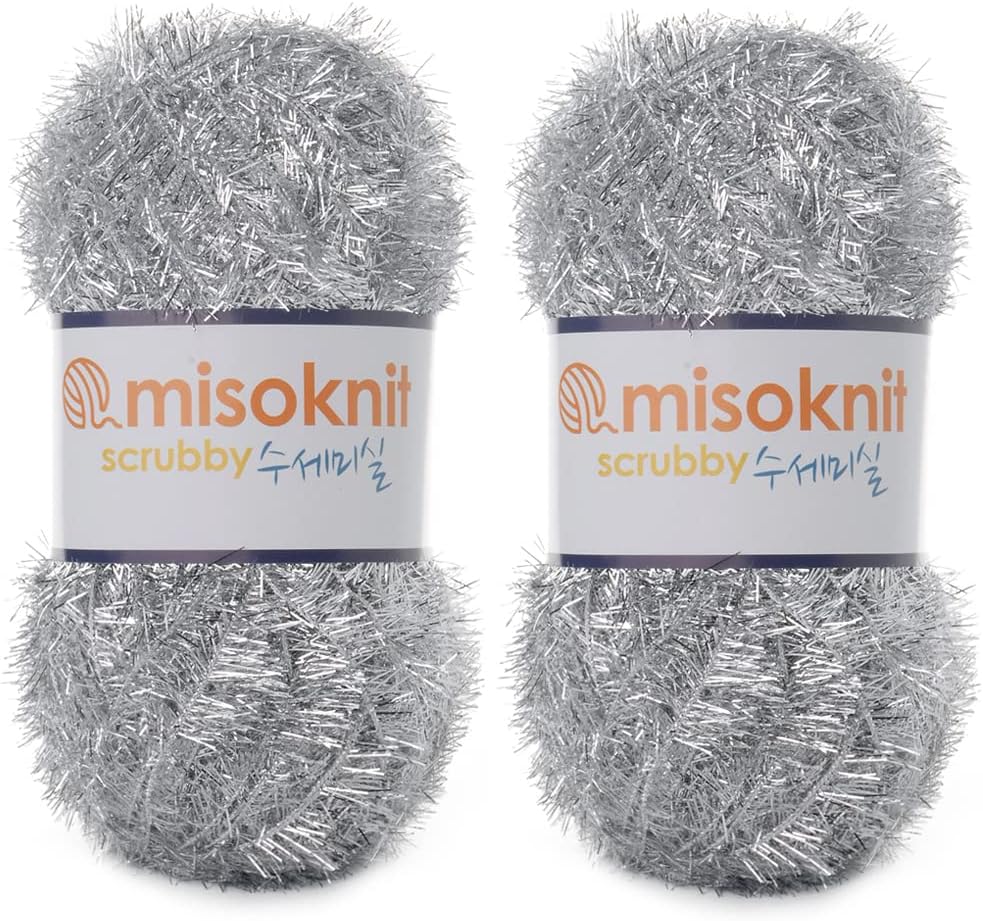 Pastel Scrubby Yarn for dishcloths Crocheting 2 Skeins Polyester 100%, 2.8oz(80g) Each, 196 Yards per Skein (Metallic Silver)