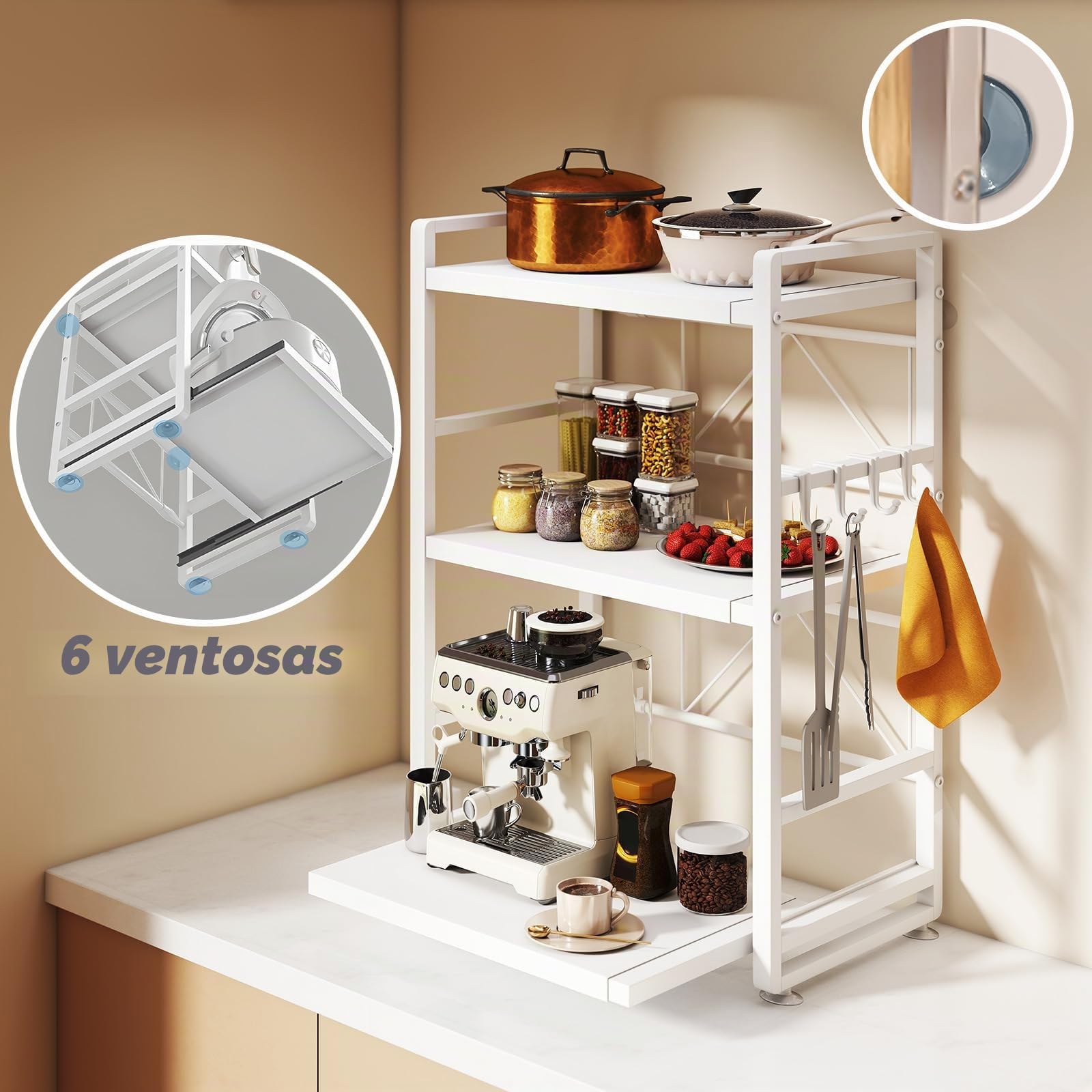 Estantería para microondas de 3 puertas, altura ajustable y extensible, con cajón, de acero al carbono, incluye ganchos y ventosas de refuerzo, estante para panadería (blanco)