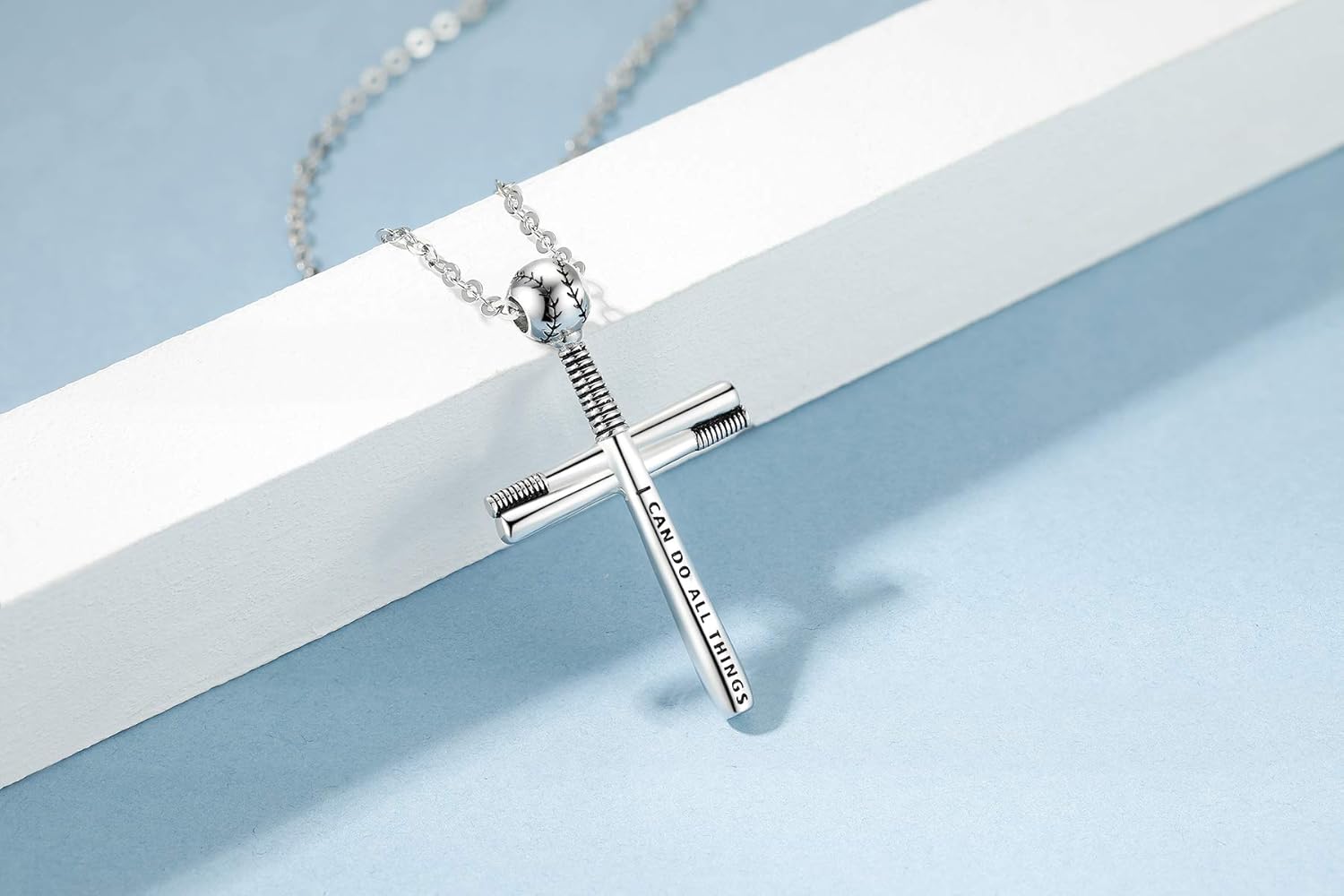 S925 Sterling Silver Softball Baseball Cross Faith Inspirational Pendant Necklace for Women Men - Image 2