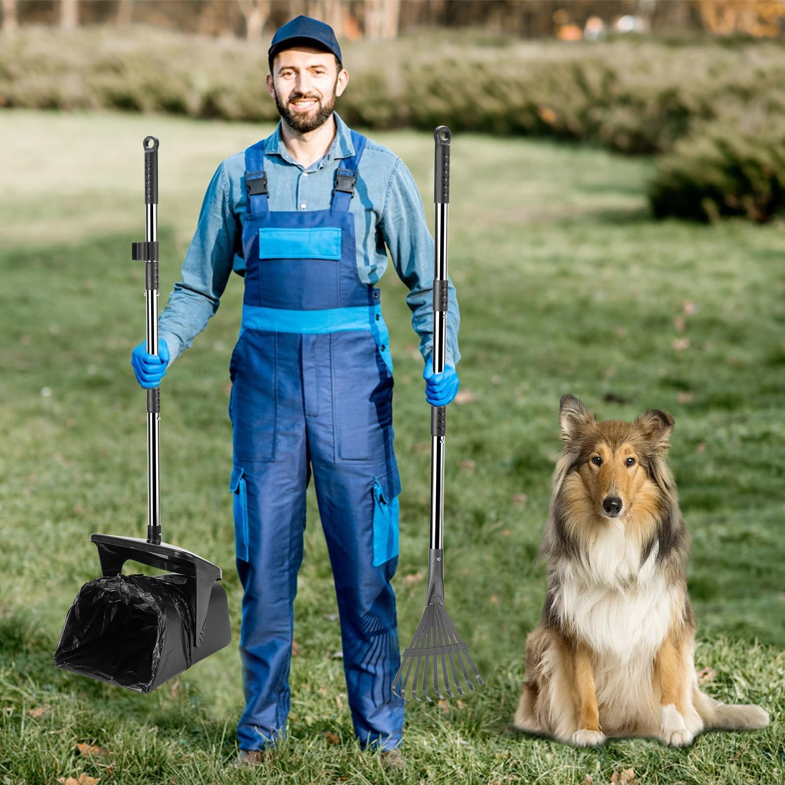 Kit Recogedor de Excrementos para Perros con Cubo Giratorio, Rastrillo y 20 Bolsas – Mango Largo para Jardín y Exterior