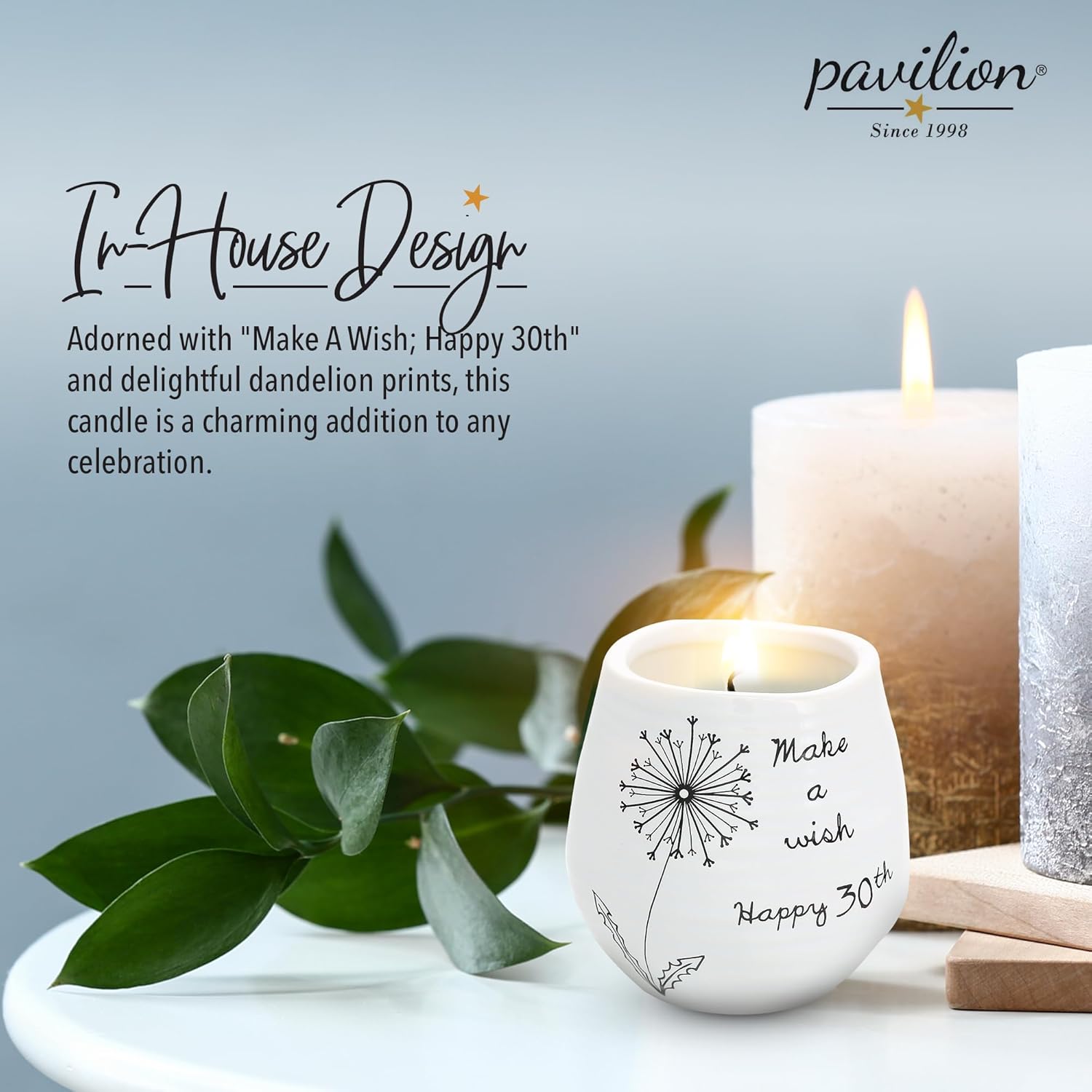 Pavilion Gift Company - 8 Oz Candle Holder - White Ceramic Candle Jar with 100% Soy Wax Candle Serenity Scent "Make a wish Happy 30th" Ideal Gift for Loved Ones - Printed Text, Love Theme & Oval Shape - Image 6